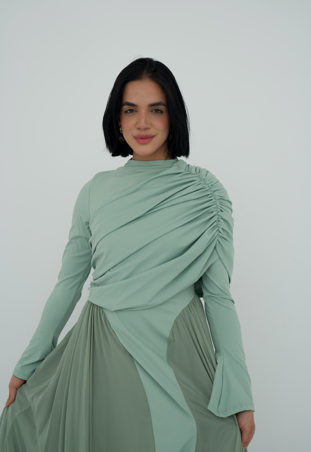 Amwaj gown with shoulder drappes in Mint with chest cover