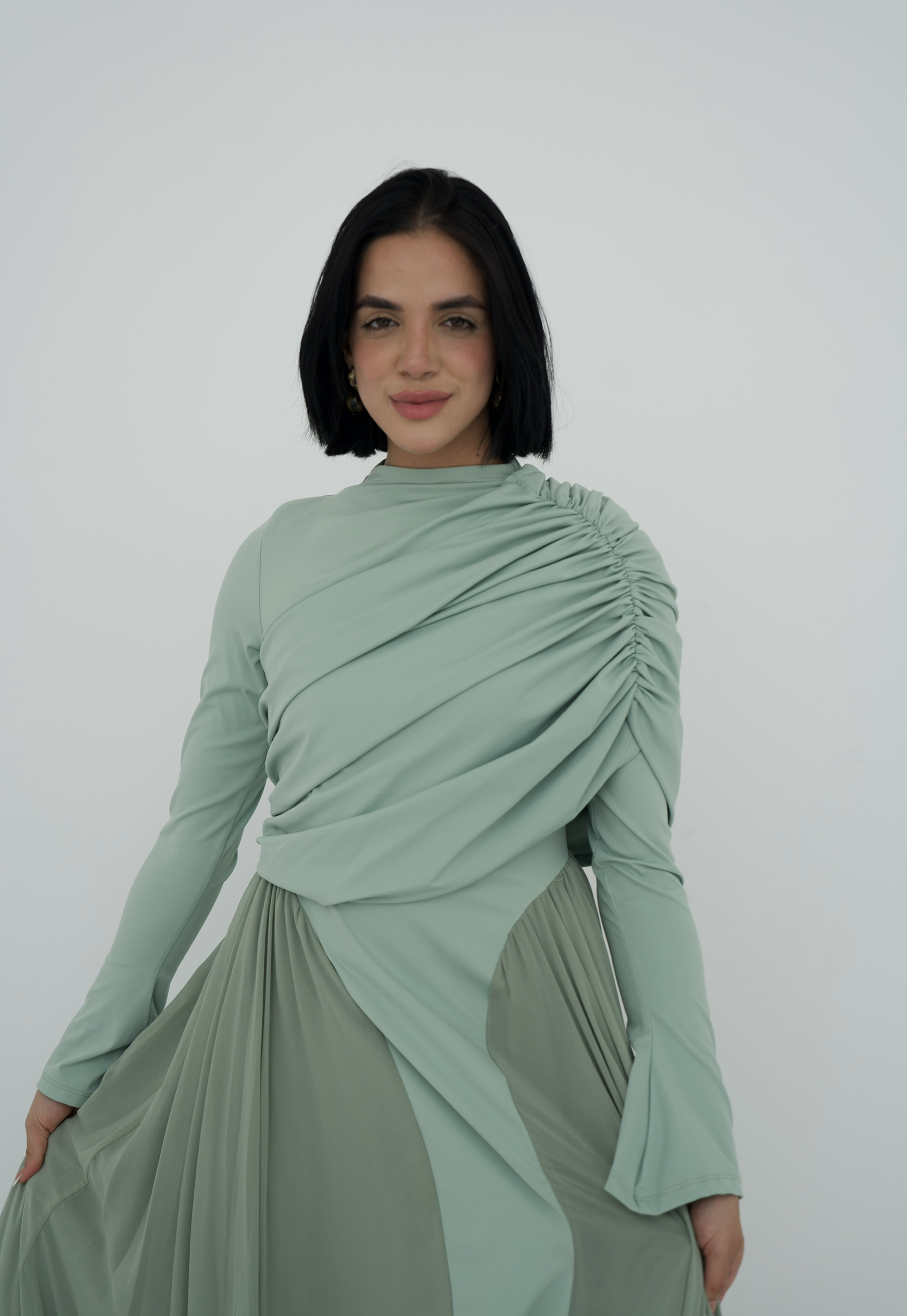 Amwaj gown with shoulder drappes in Mint with chest cover