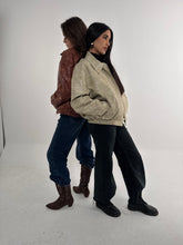 Load image into Gallery viewer, Vintage Croc-Texture Faux Leather Bomber Jacket in Beige
