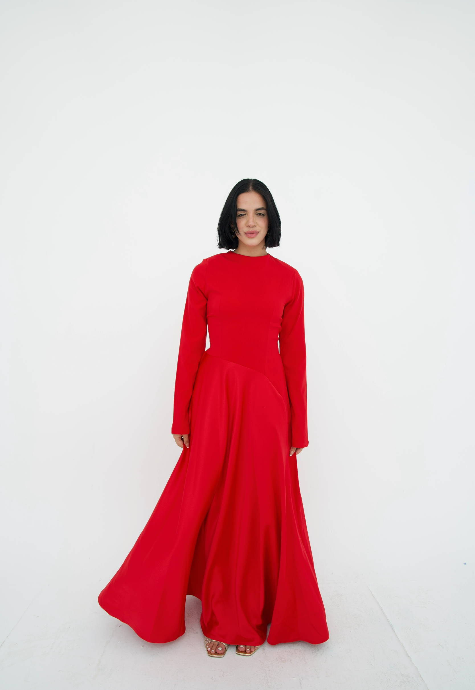 Satin half and half A-Line Dress in Red