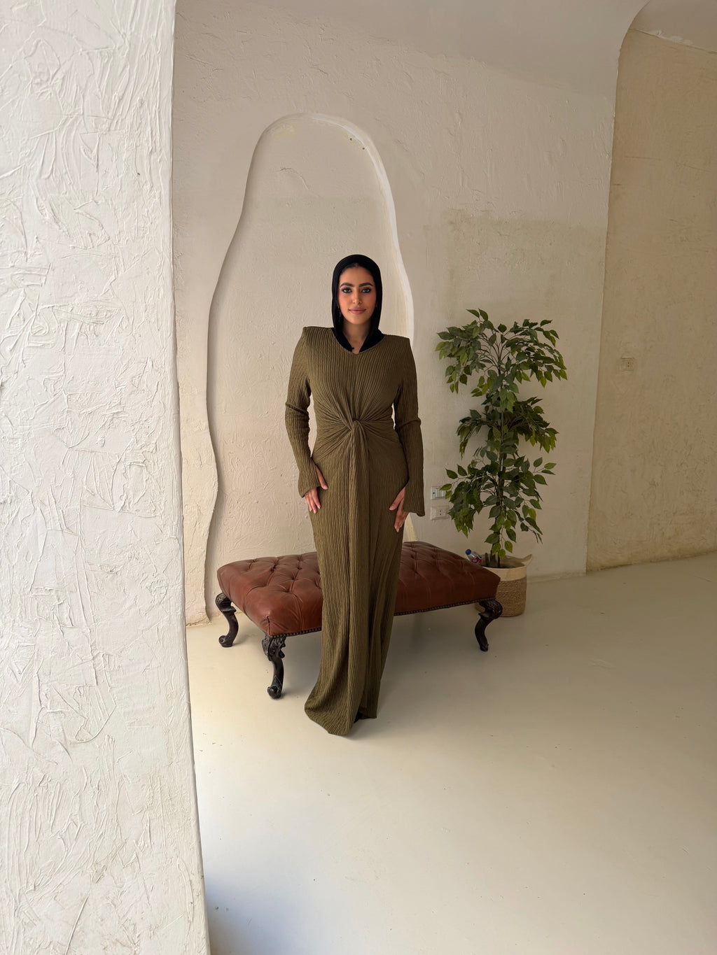 twisted knot maxi dress in Olive
