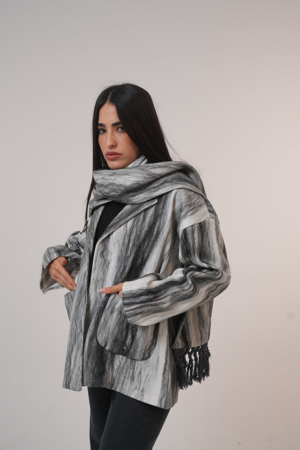 Pure wool jacket with Shawl Black and White