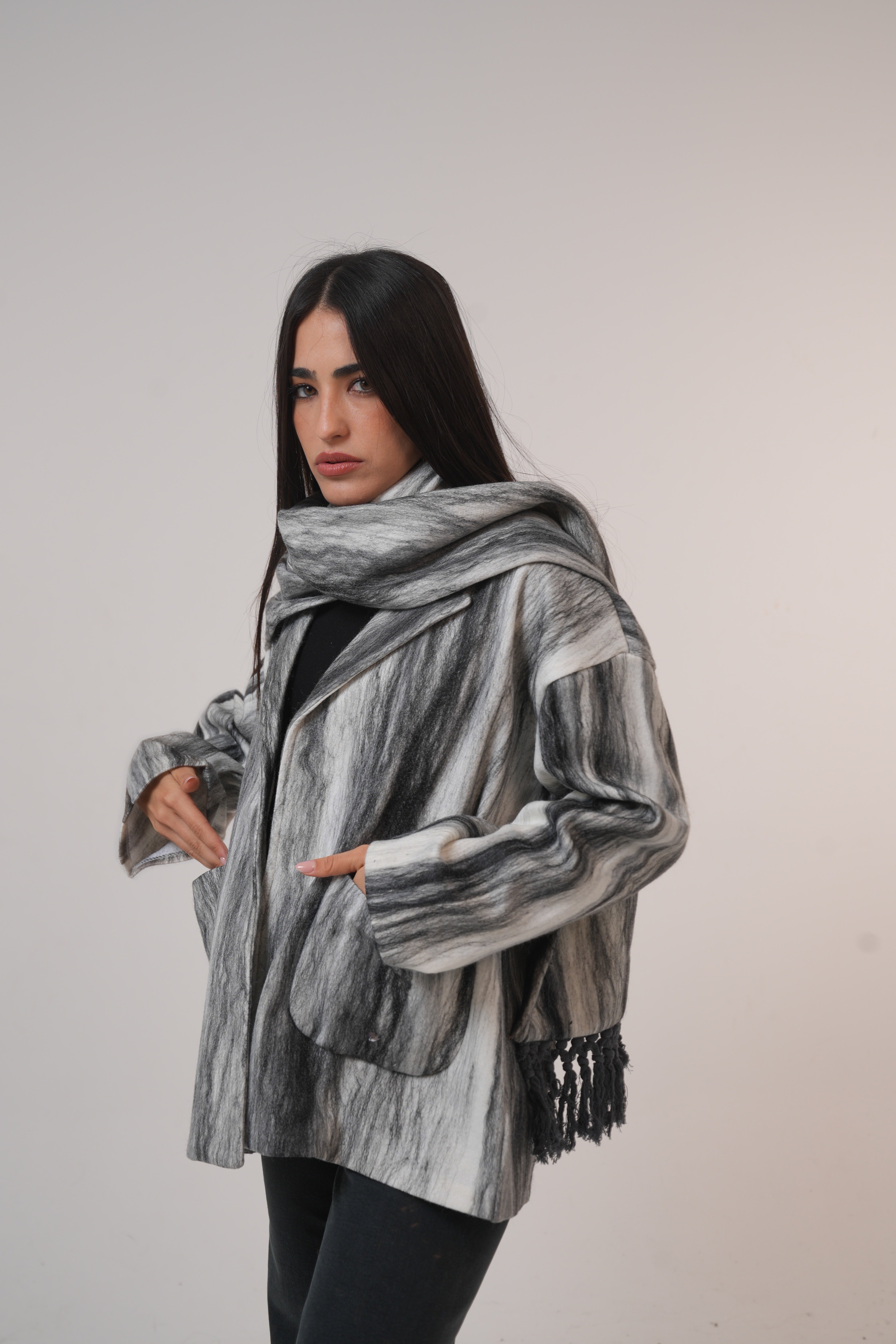 Pure wool jacket with Shawl Black and White