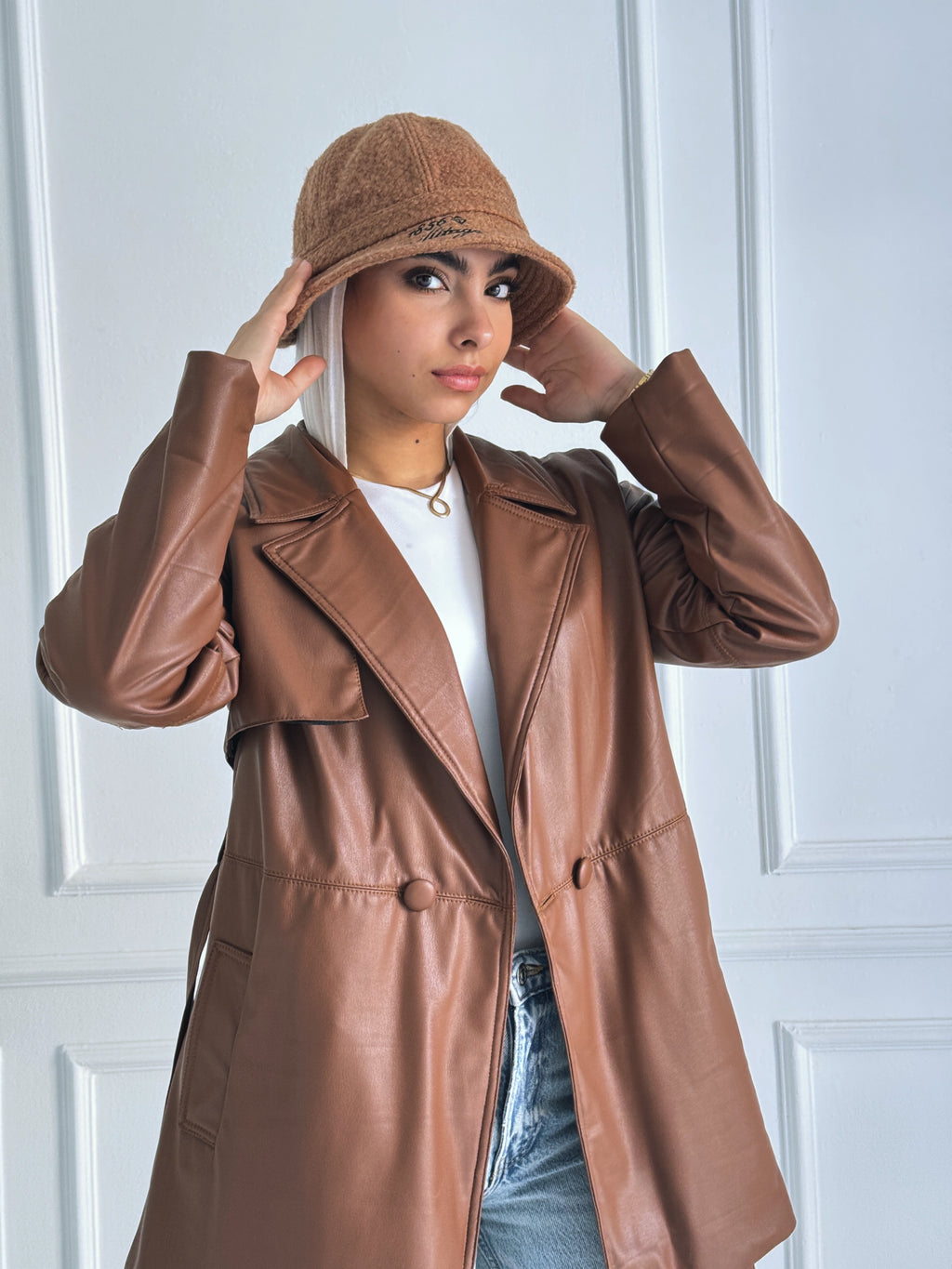 Faux Leather Coat in Camel
