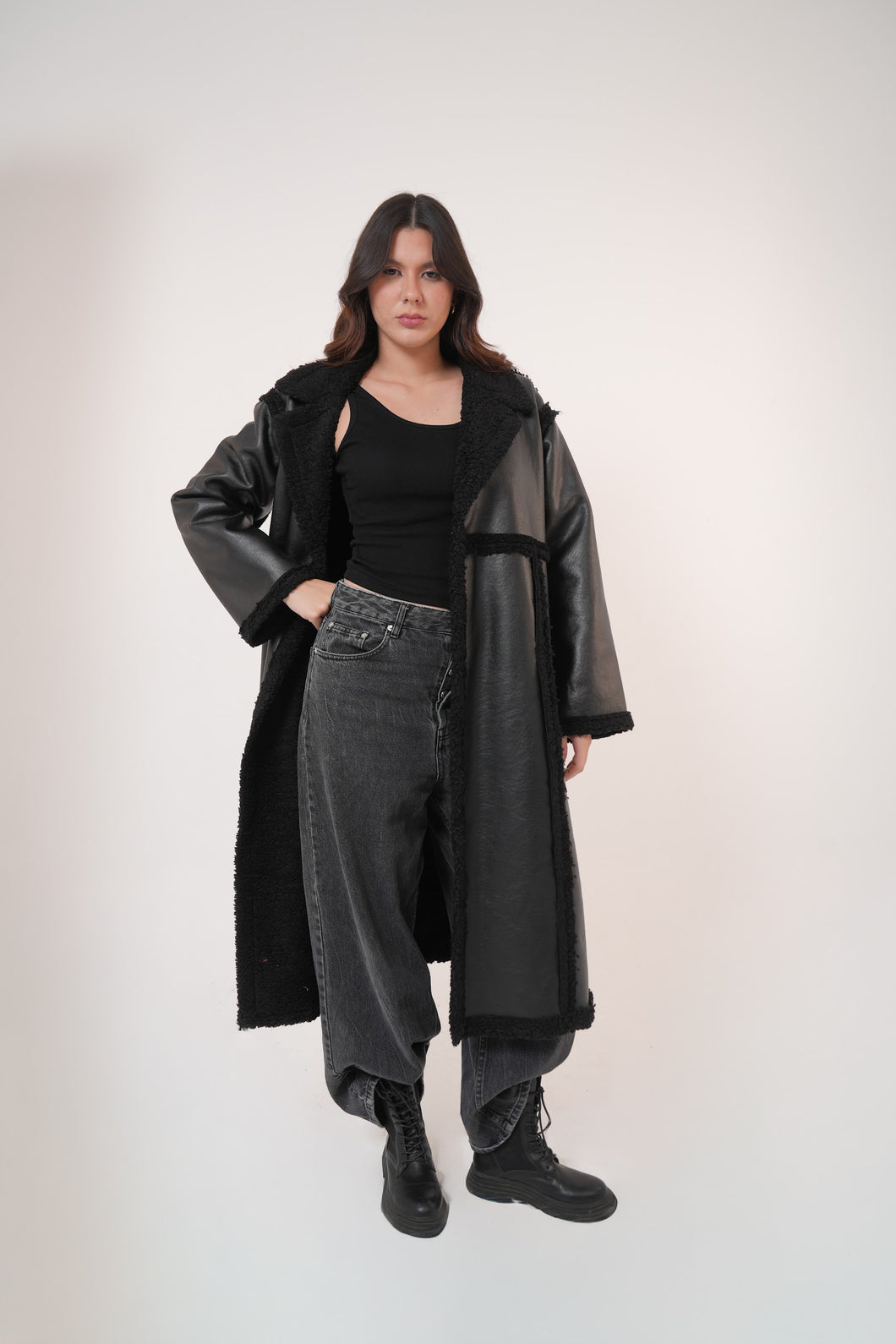 Premium Fur leather- long coat in Black