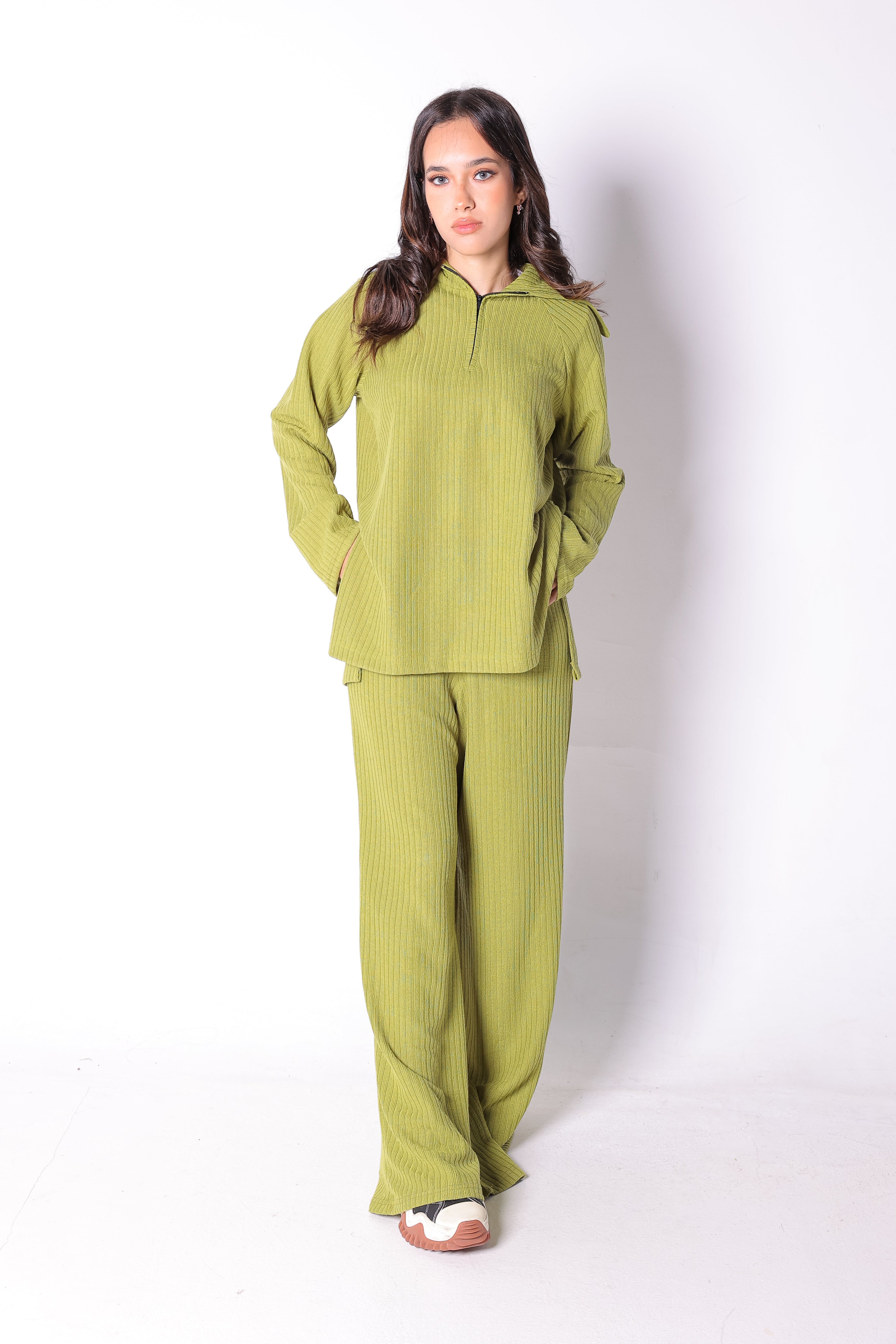 Half Zipper Sweater Top and Wide Leg Pants Set in Lime Green