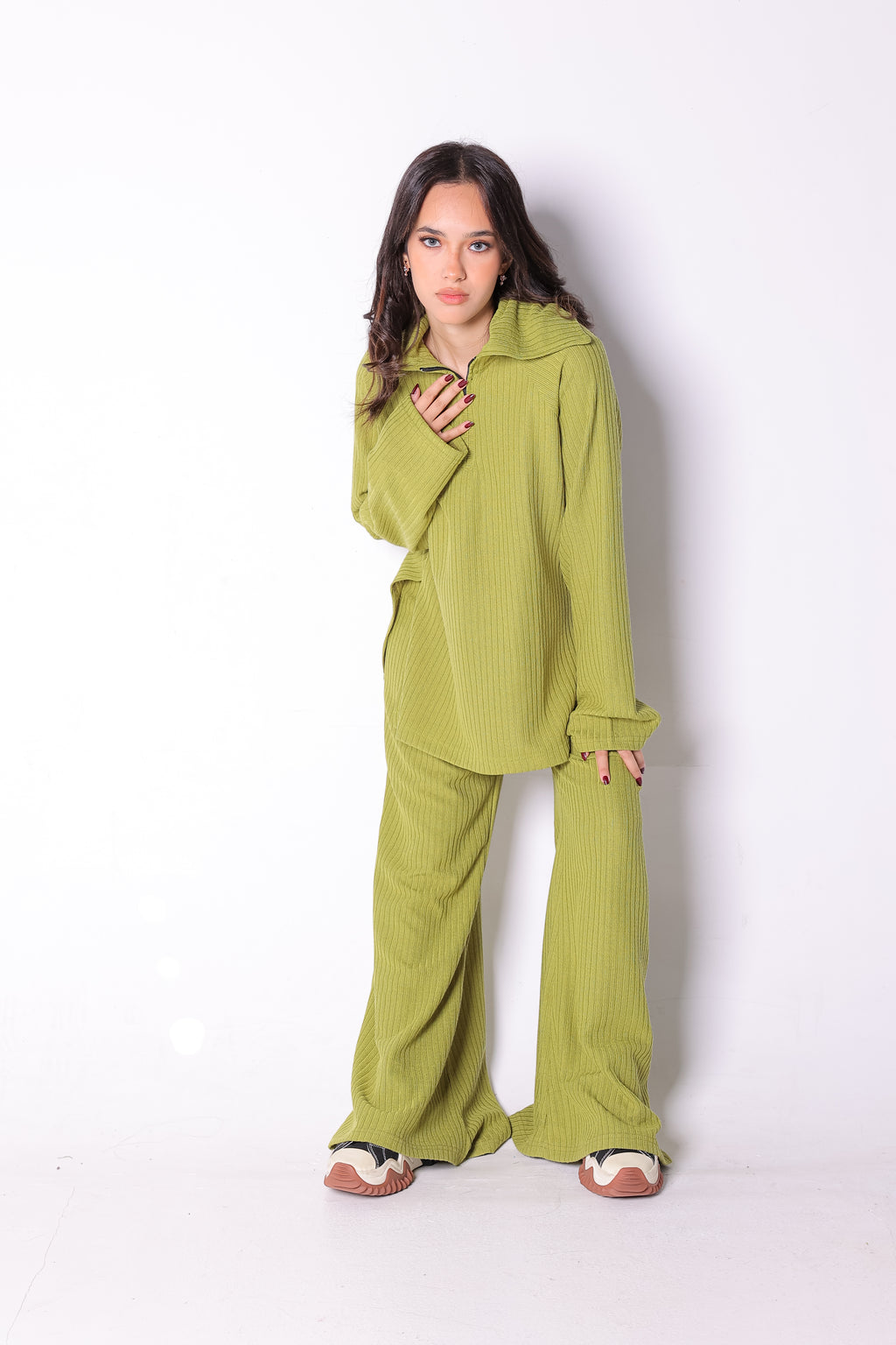 Half Zipper Sweater Top and Wide Leg Pants Set in Lime Green