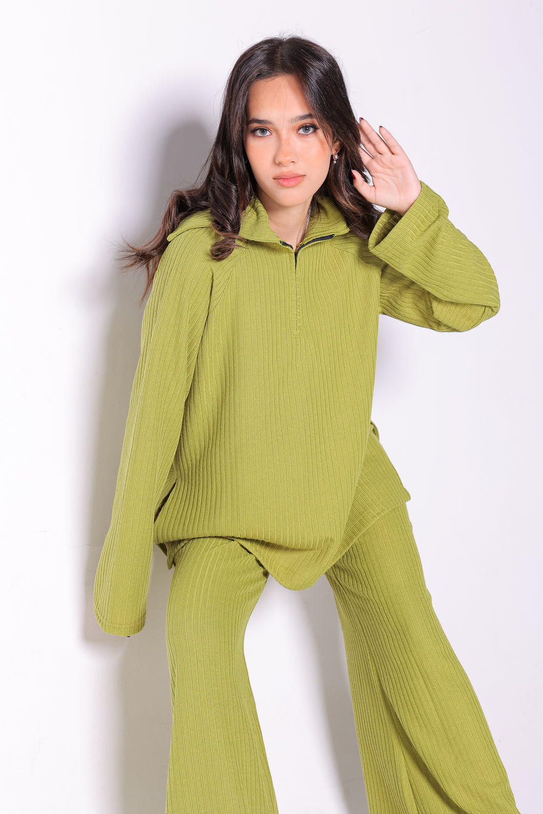 Half Zipper Sweater Top and Wide Leg Pants Set in Lime Green