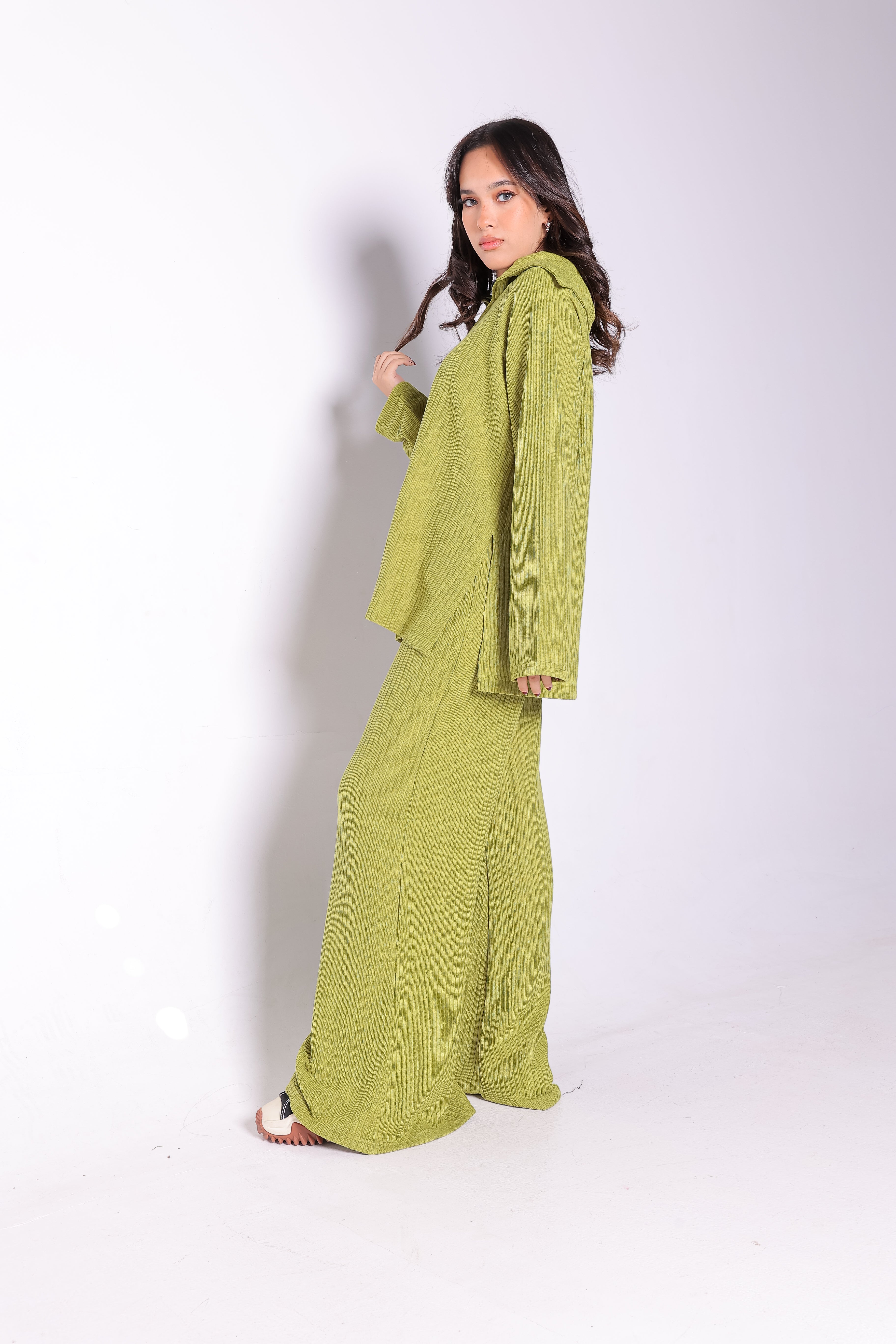Half Zipper Sweater Top and Wide Leg Pants Set in Lime Green