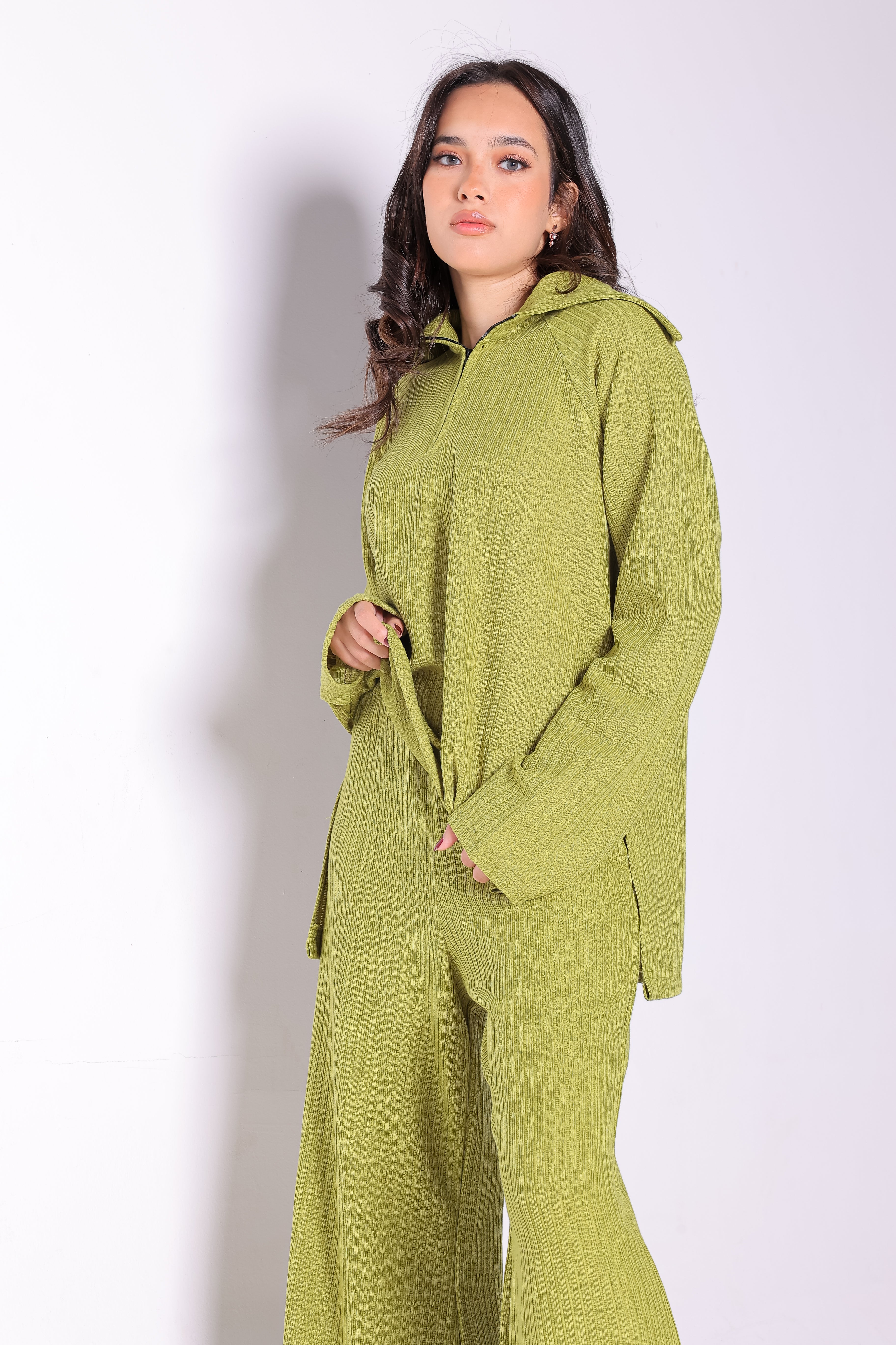 Half Zipper Sweater Top and Wide Leg Pants Set in Lime Green