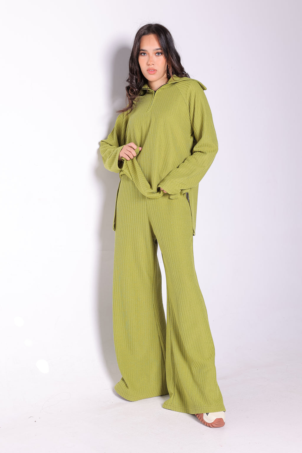 Half Zipper Sweater Top and Wide Leg Pants Set in Lime Green
