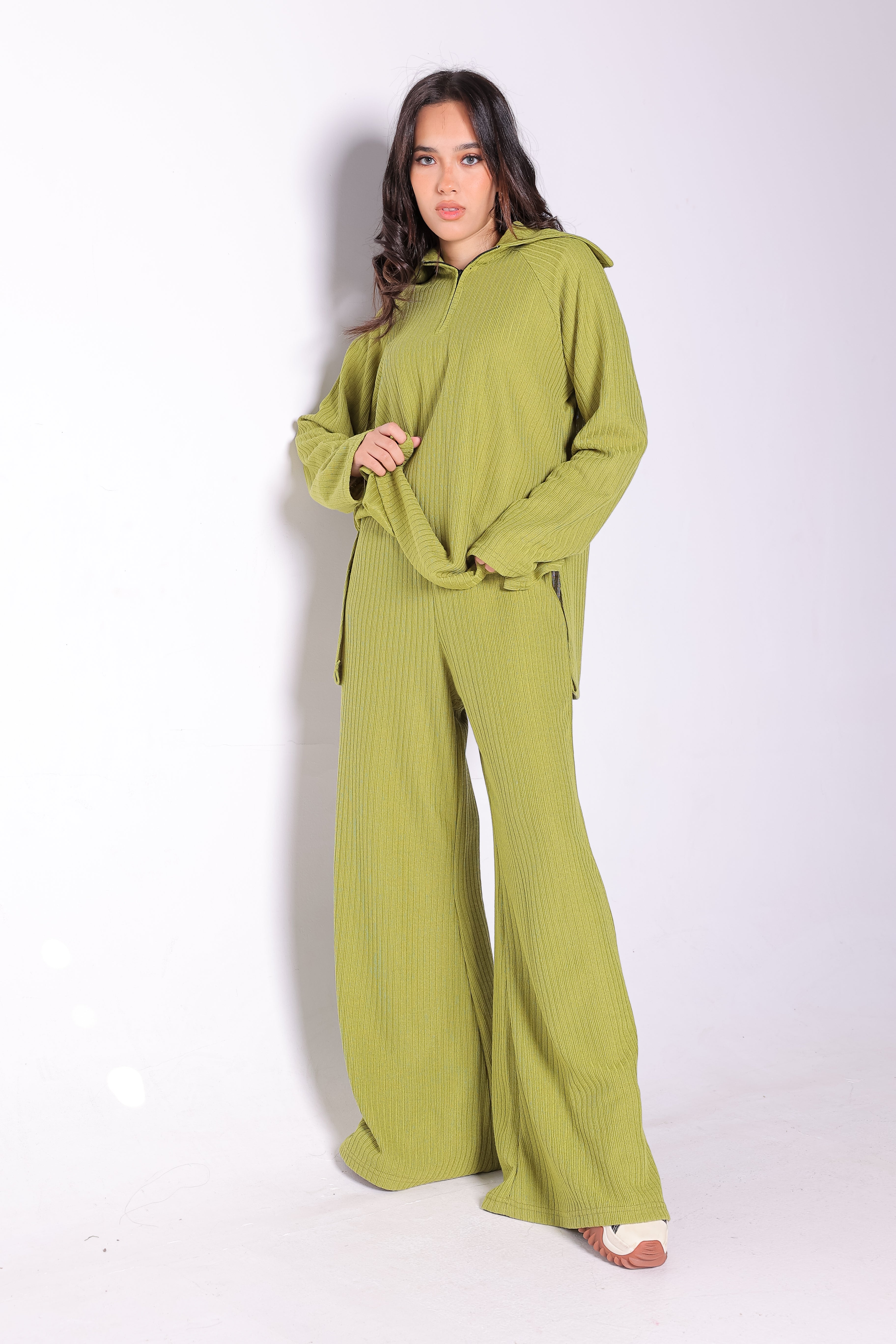 Half Zipper Sweater Top and Wide Leg Pants Set in Lime Green