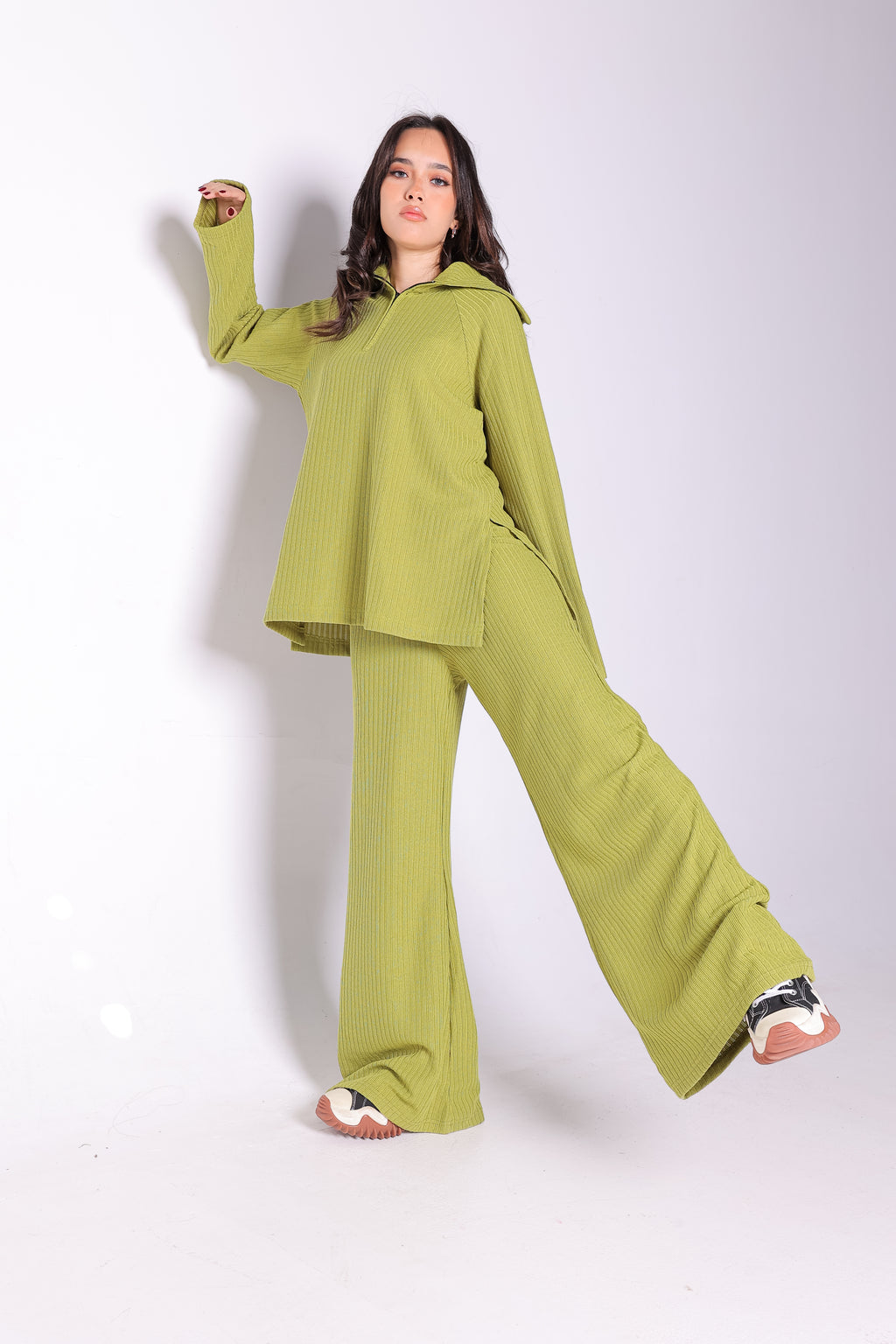 Half Zipper Sweater Top and Wide Leg Pants Set in Lime Green