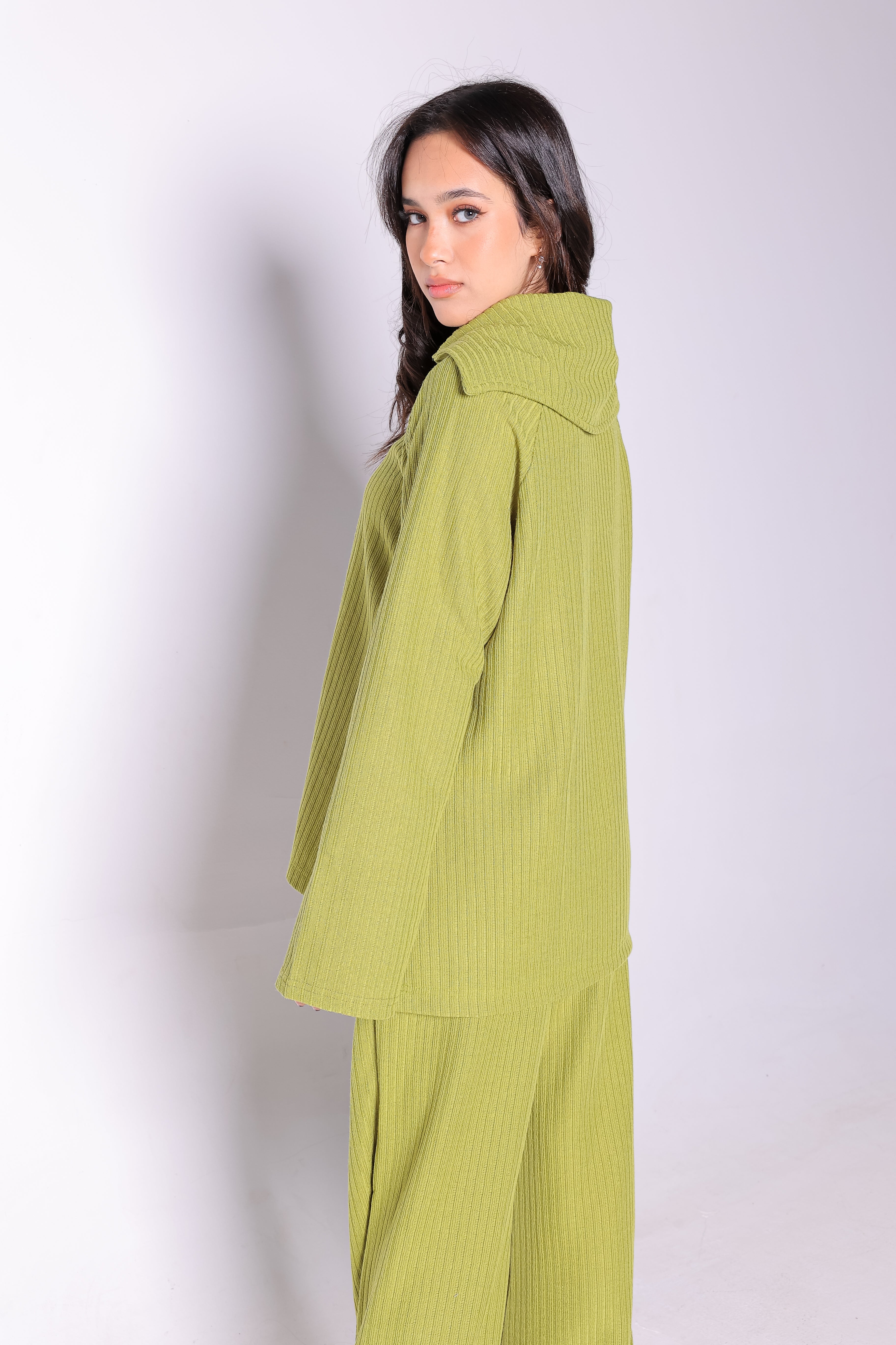 Half Zipper Sweater Top and Wide Leg Pants Set in Lime Green
