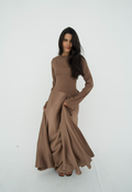 Satin half and half A-line dress in latte brown