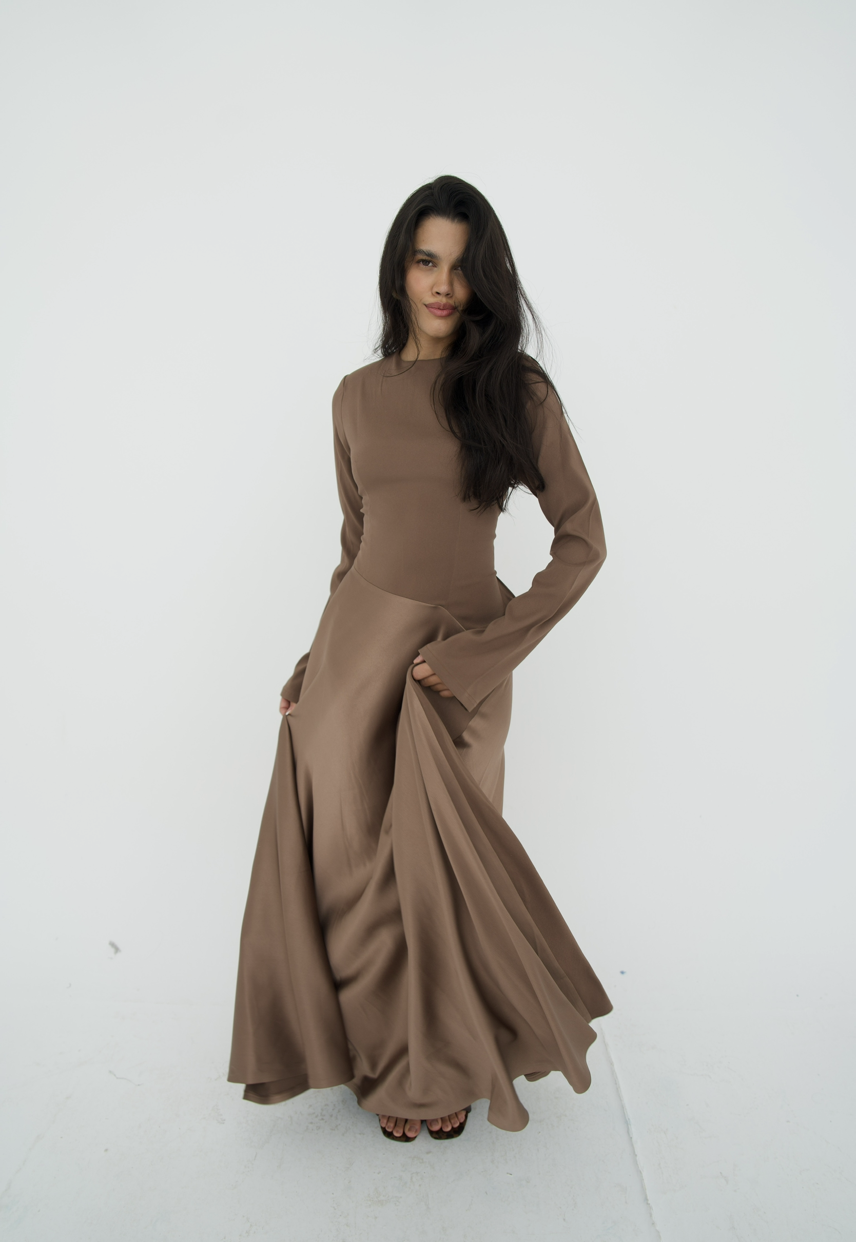 Satin half and half A-line dress in latte brown
