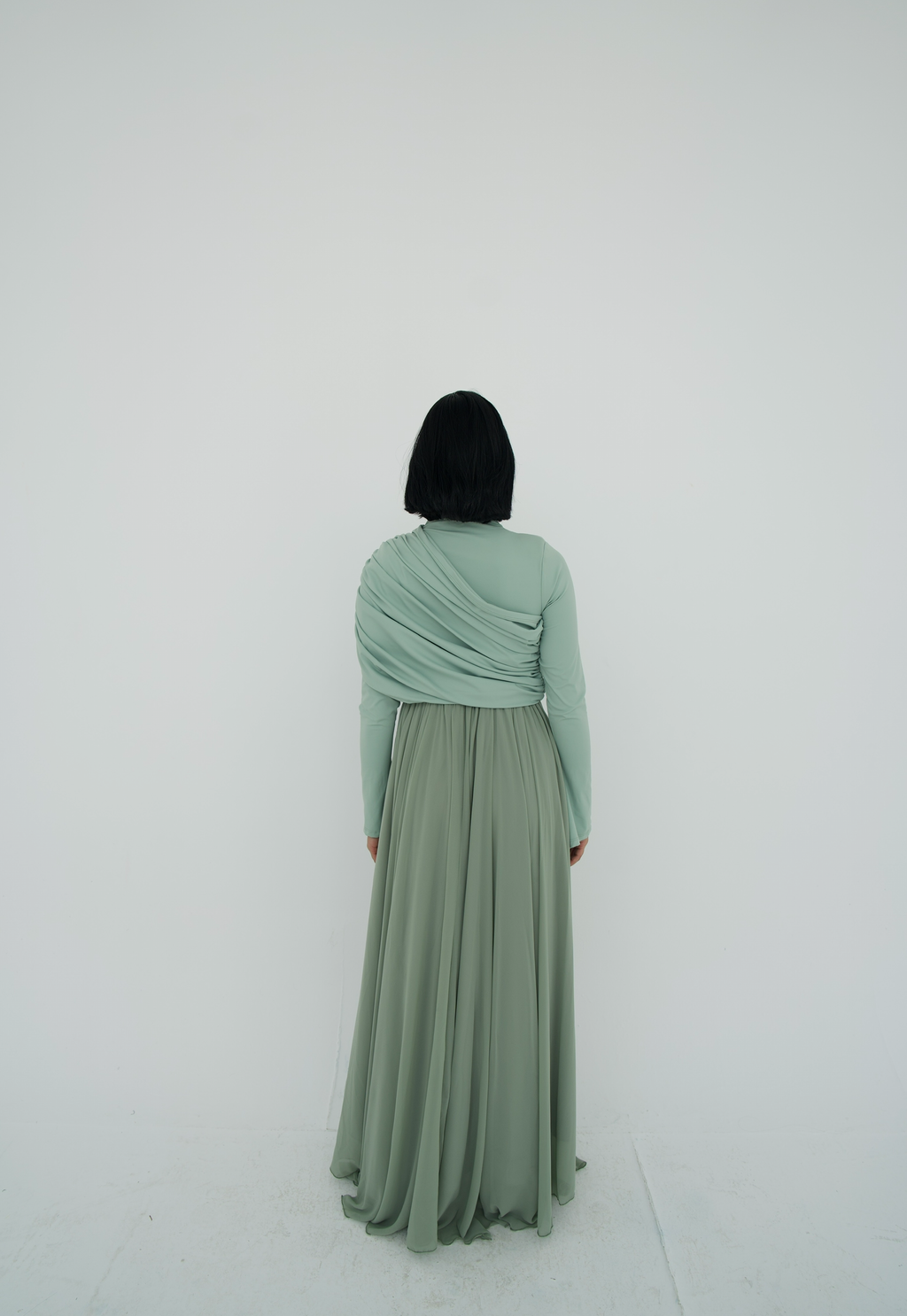 Amwaj gown with shoulder drappes in Mint with chest cover