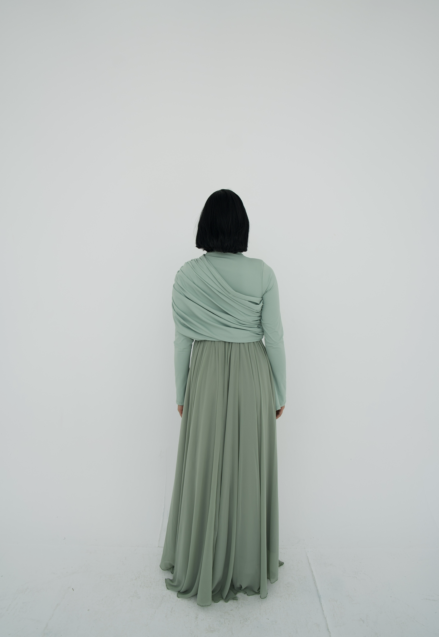 Amwaj gown with shoulder drappes in Mint with chest cover
