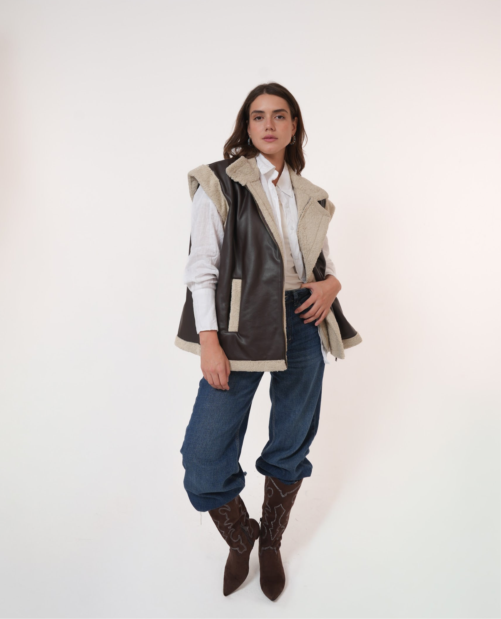 Fur-Lined Leather Vest in brown