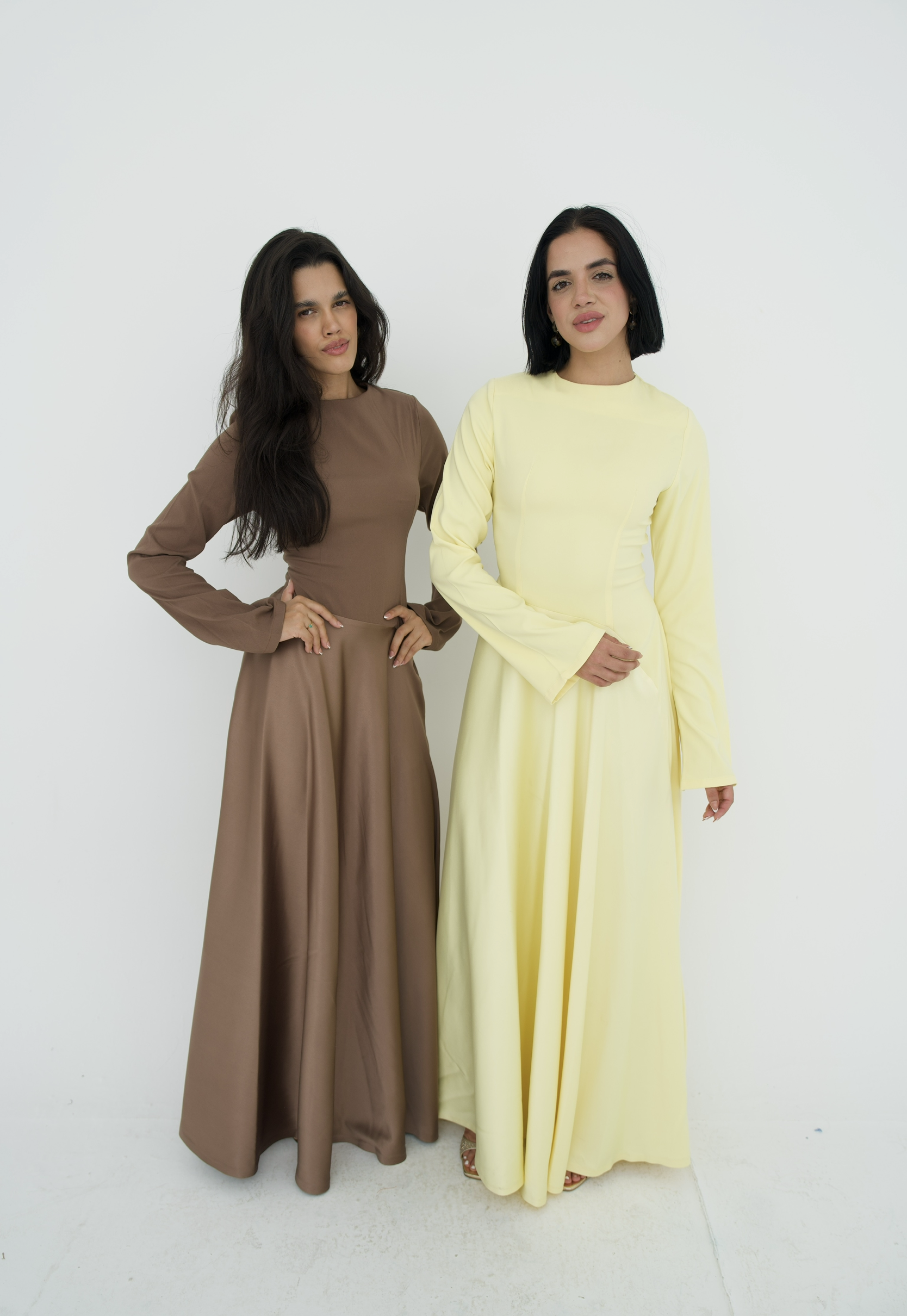Satin half and half A-line dress in butter yellow
