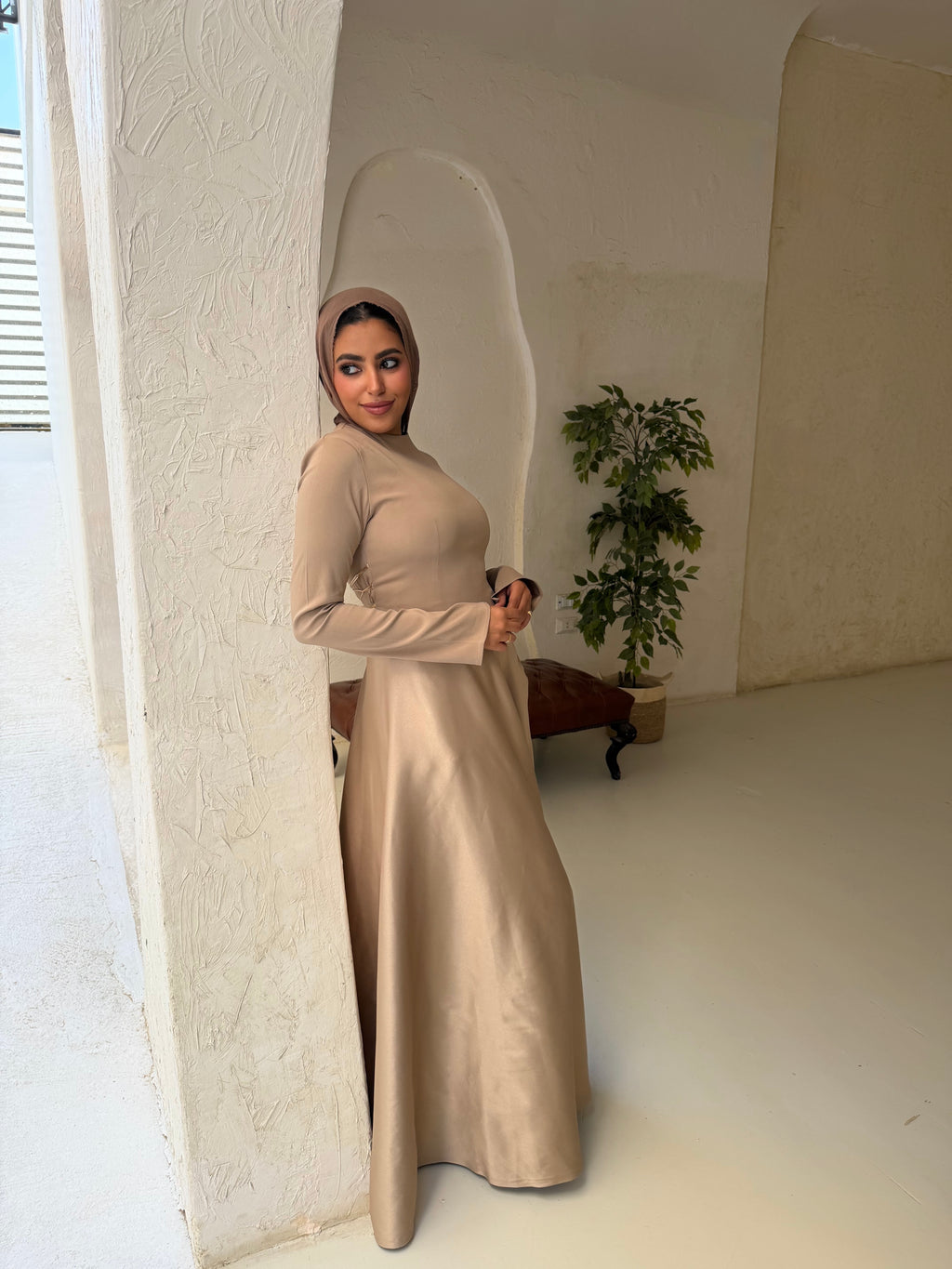 Satin half and half A-line dress in champagne