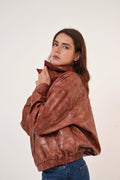 Vintage Croc-Texture Faux Leather Bomber Jacket