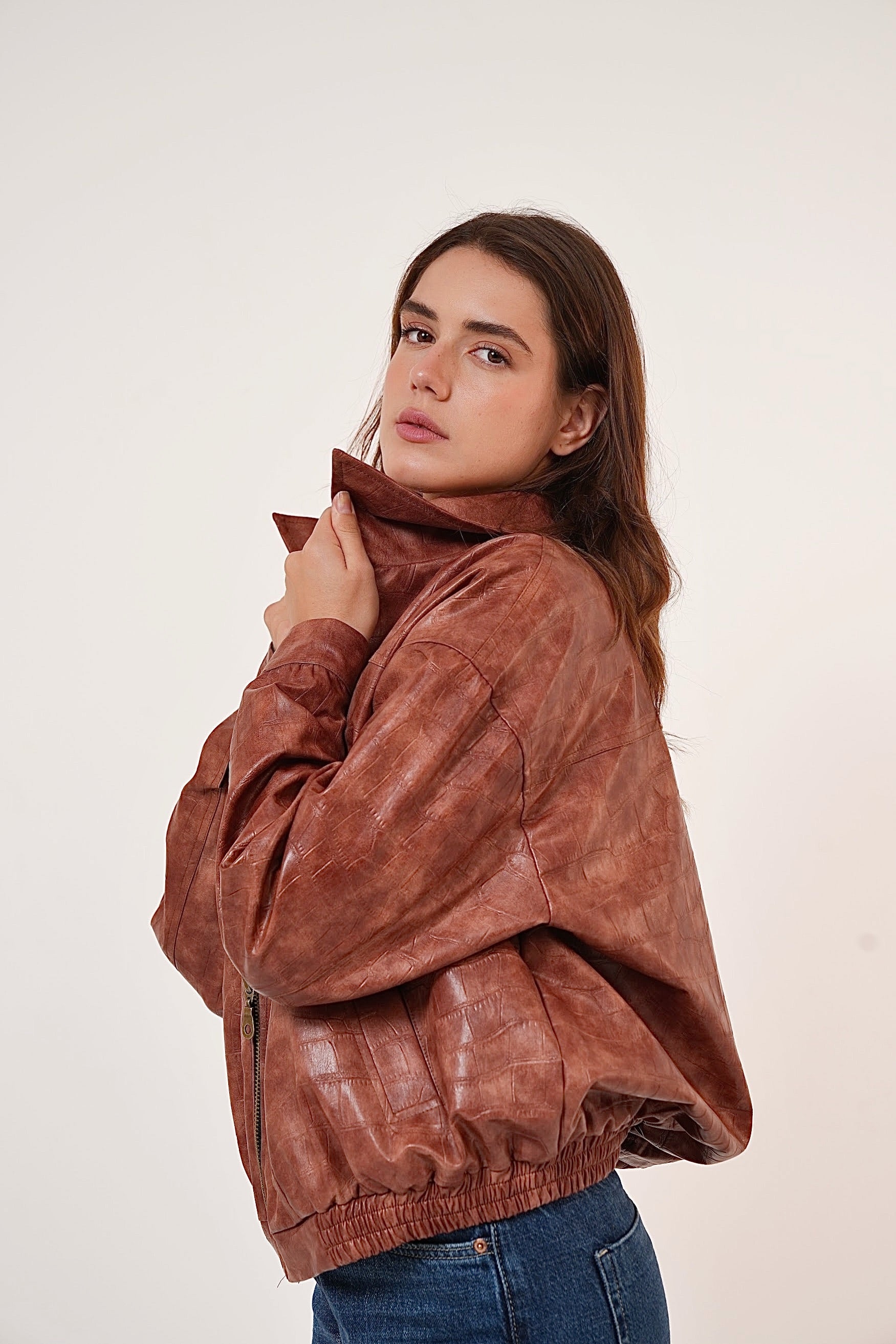 Vintage Croc-Texture Faux Leather Bomber Jacket