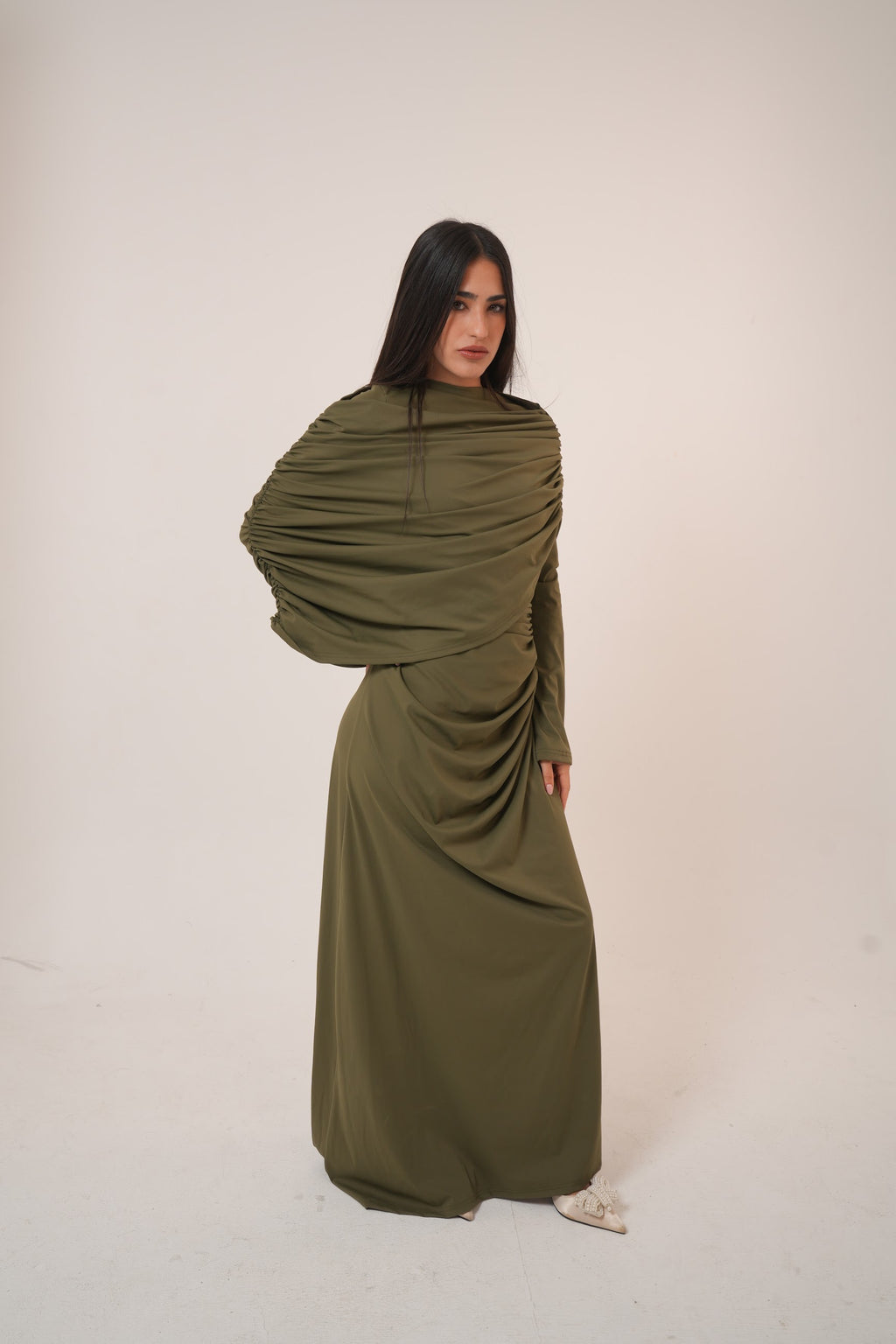 One-Side Draped Maxi Dress with Chest Cover in Olive