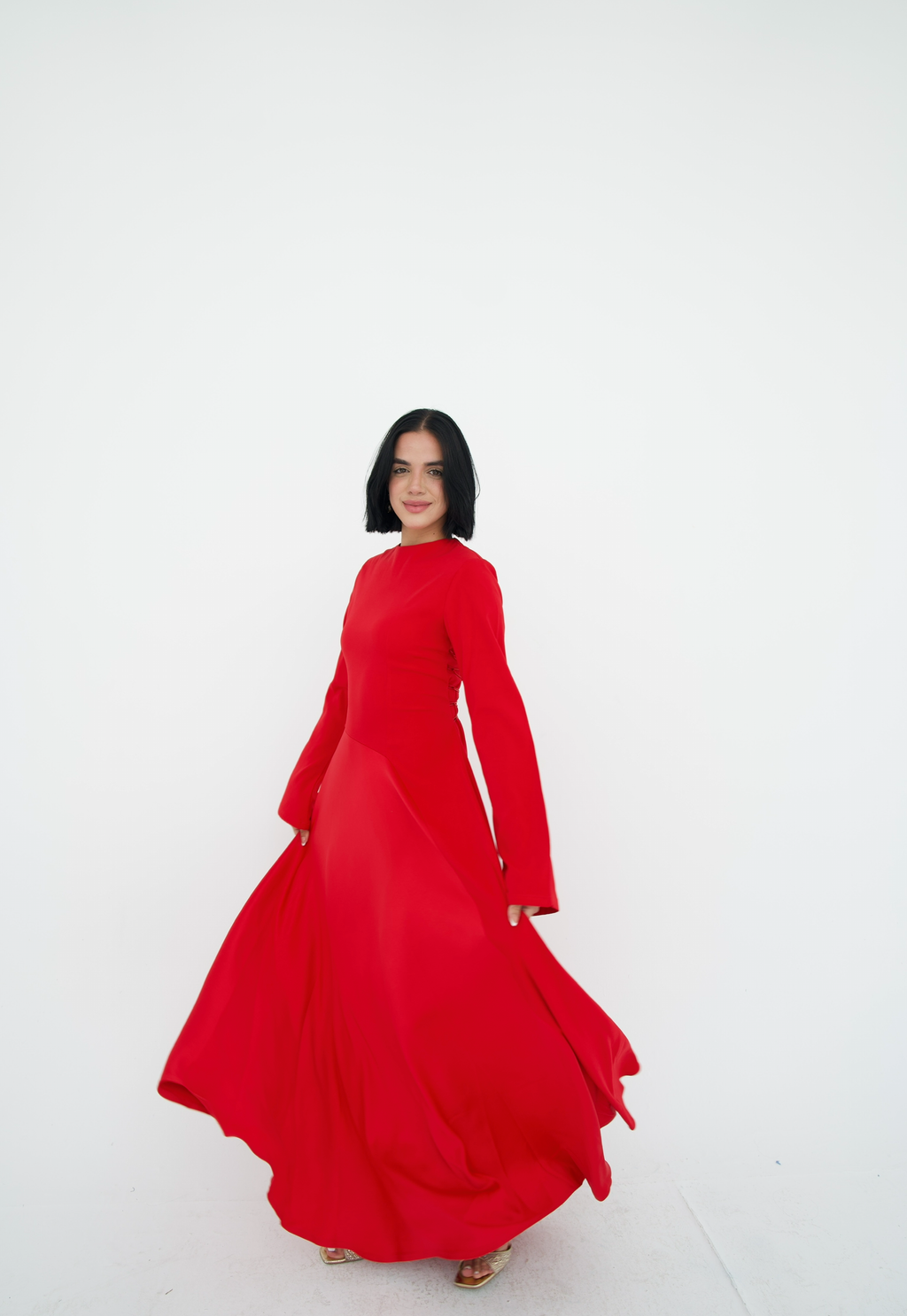 Satin half and half A-Line Dress in Red