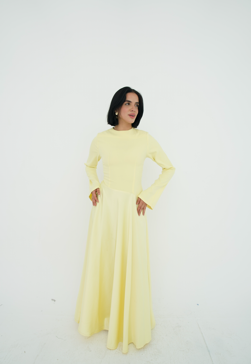 Satin half and half A-line dress in butter yellow