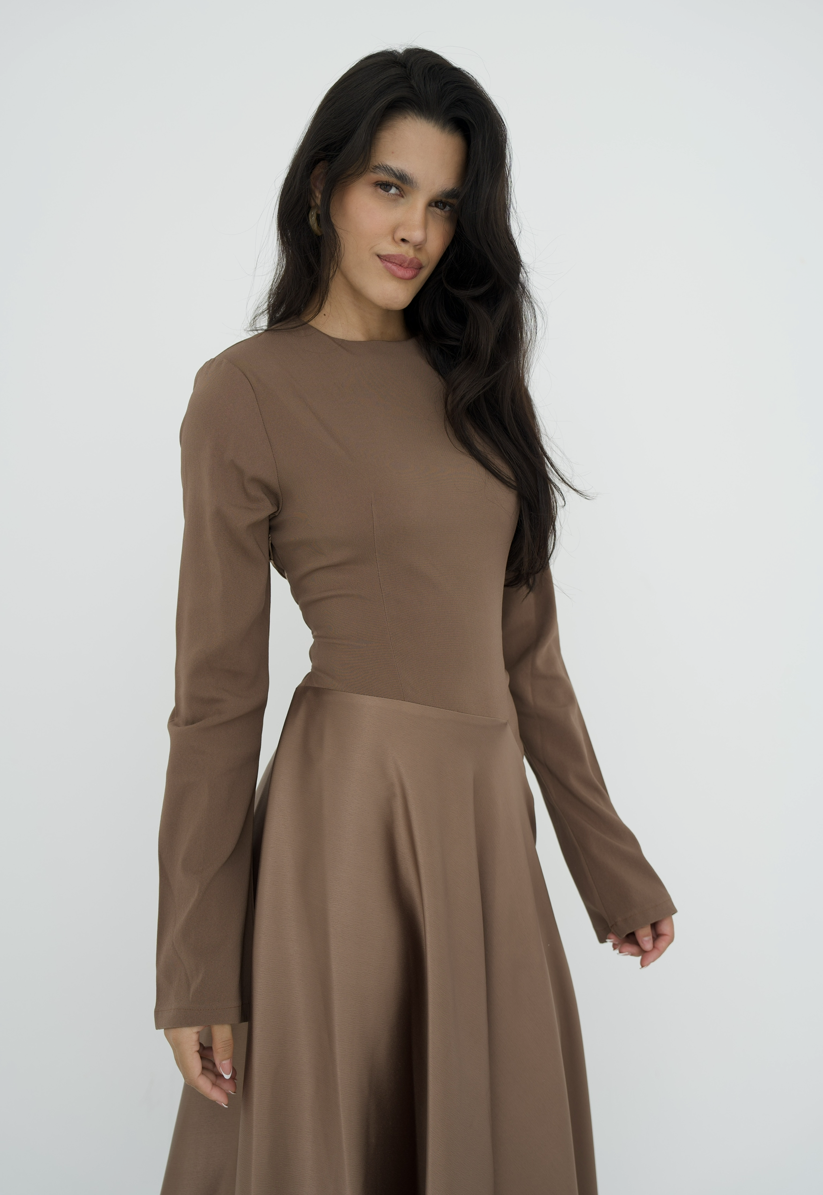 Satin half and half A-line dress in latte brown