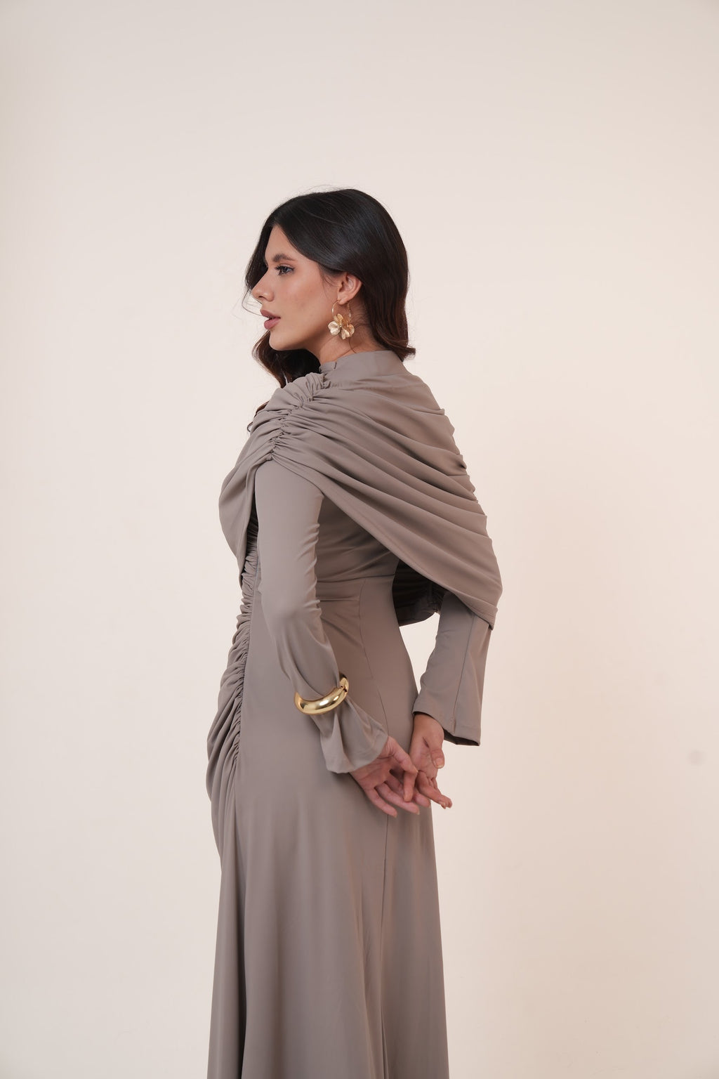 One-Side Draped Maxi Dress with Chest Cover in Griesh