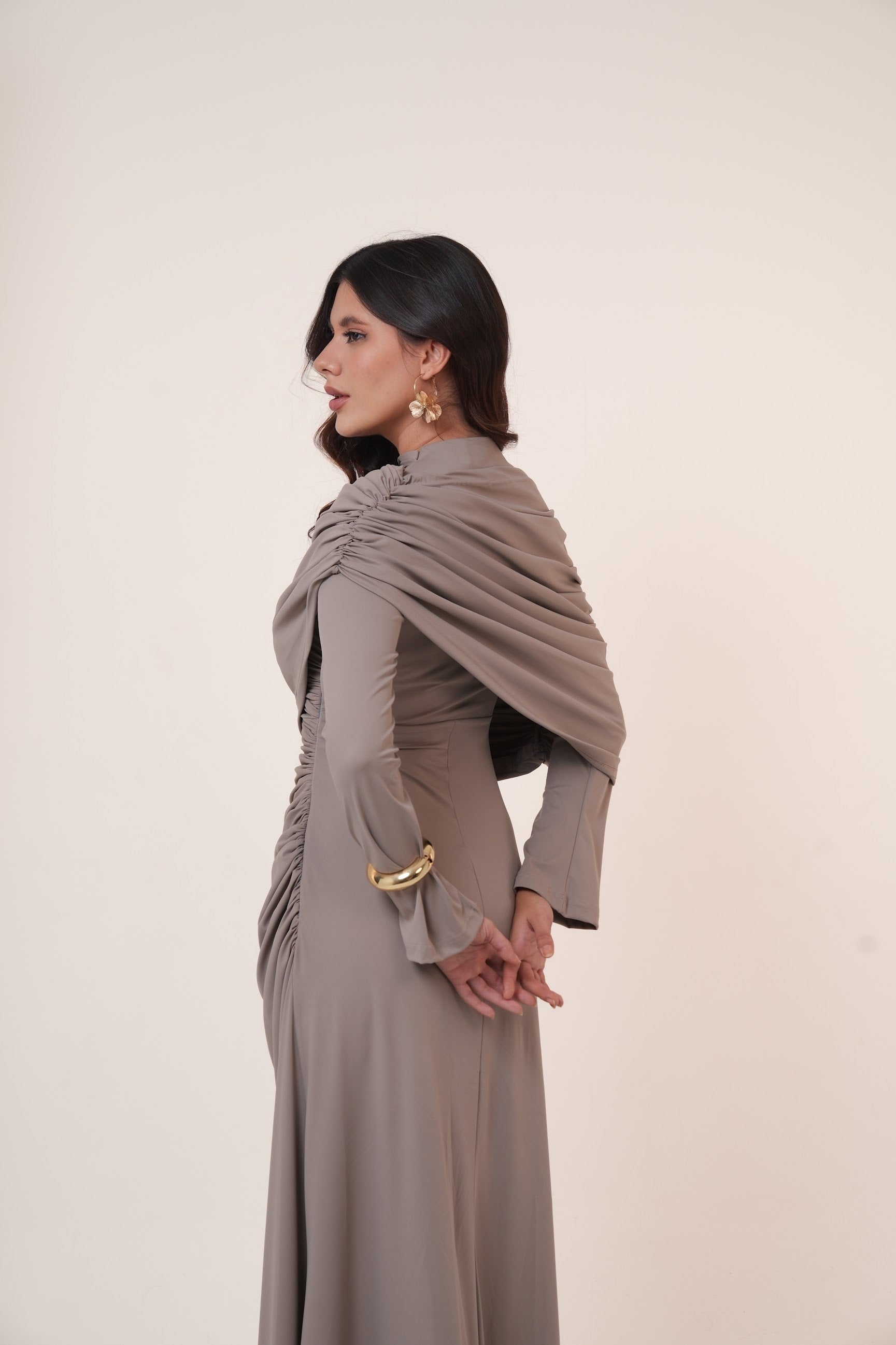 One-Side Draped Maxi Dress with Chest Cover in Griesh