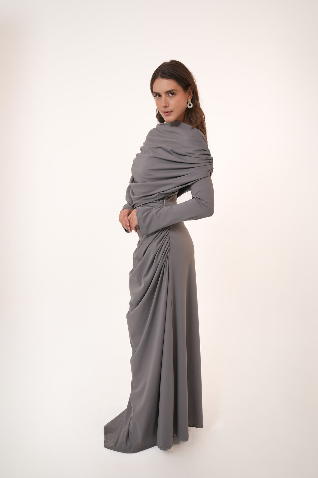One-Side Draped Maxi Dress with Chest Cover in Grey