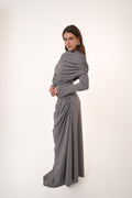 One-Side Draped Maxi Dress with Chest Cover in Grey