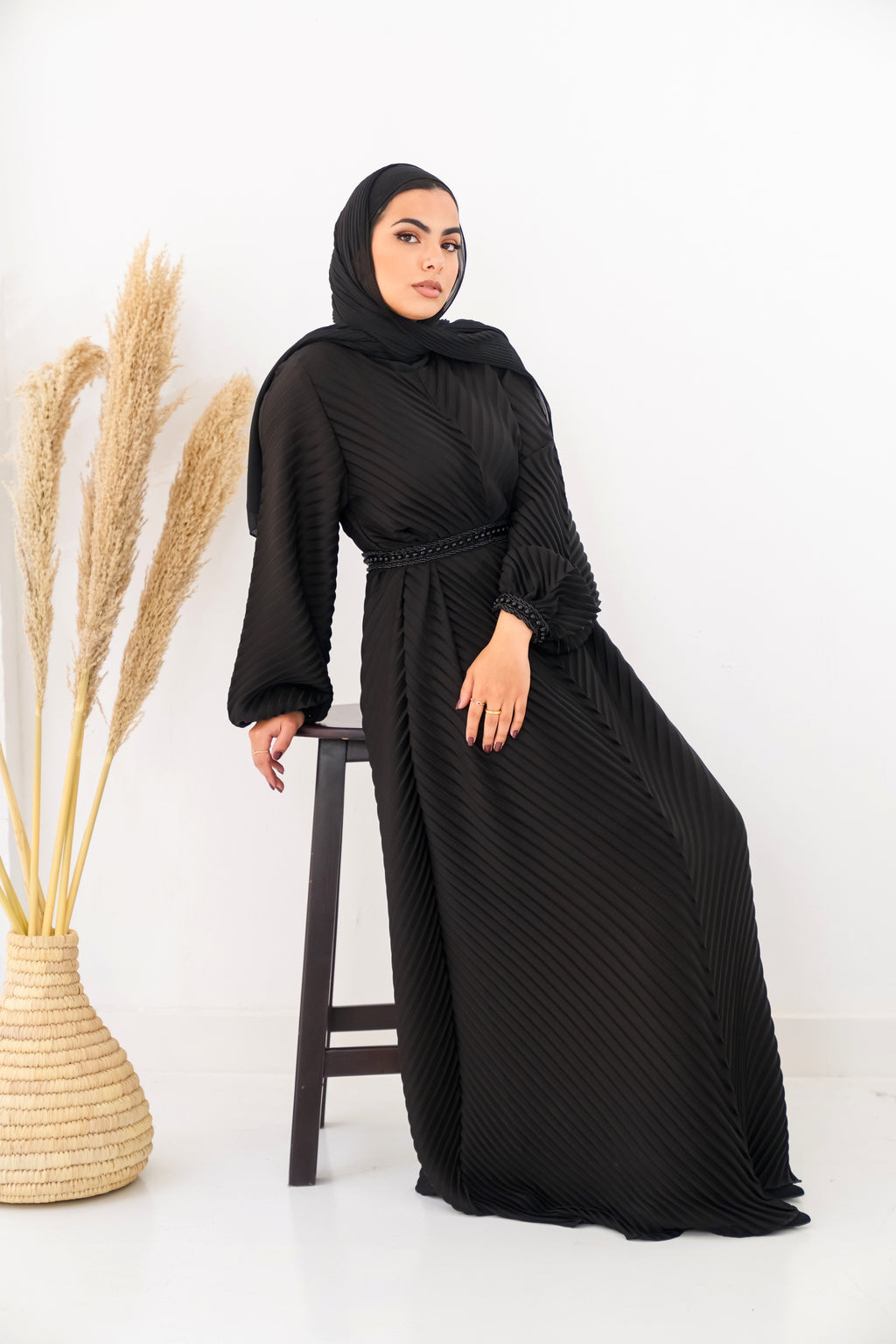 Black Plisse Abaya Embroidered with belt