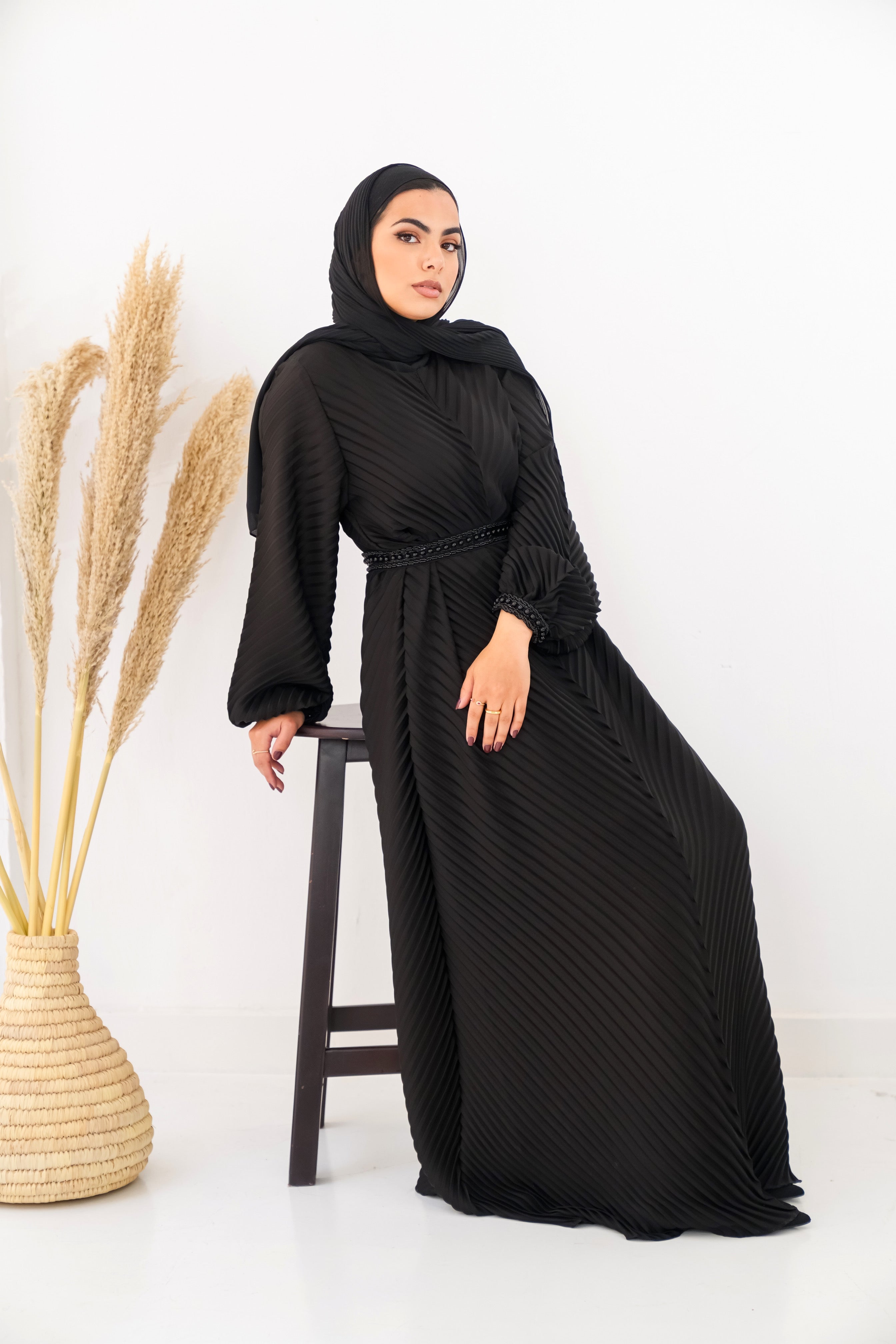 Black Plisse Abaya Embroidered with belt