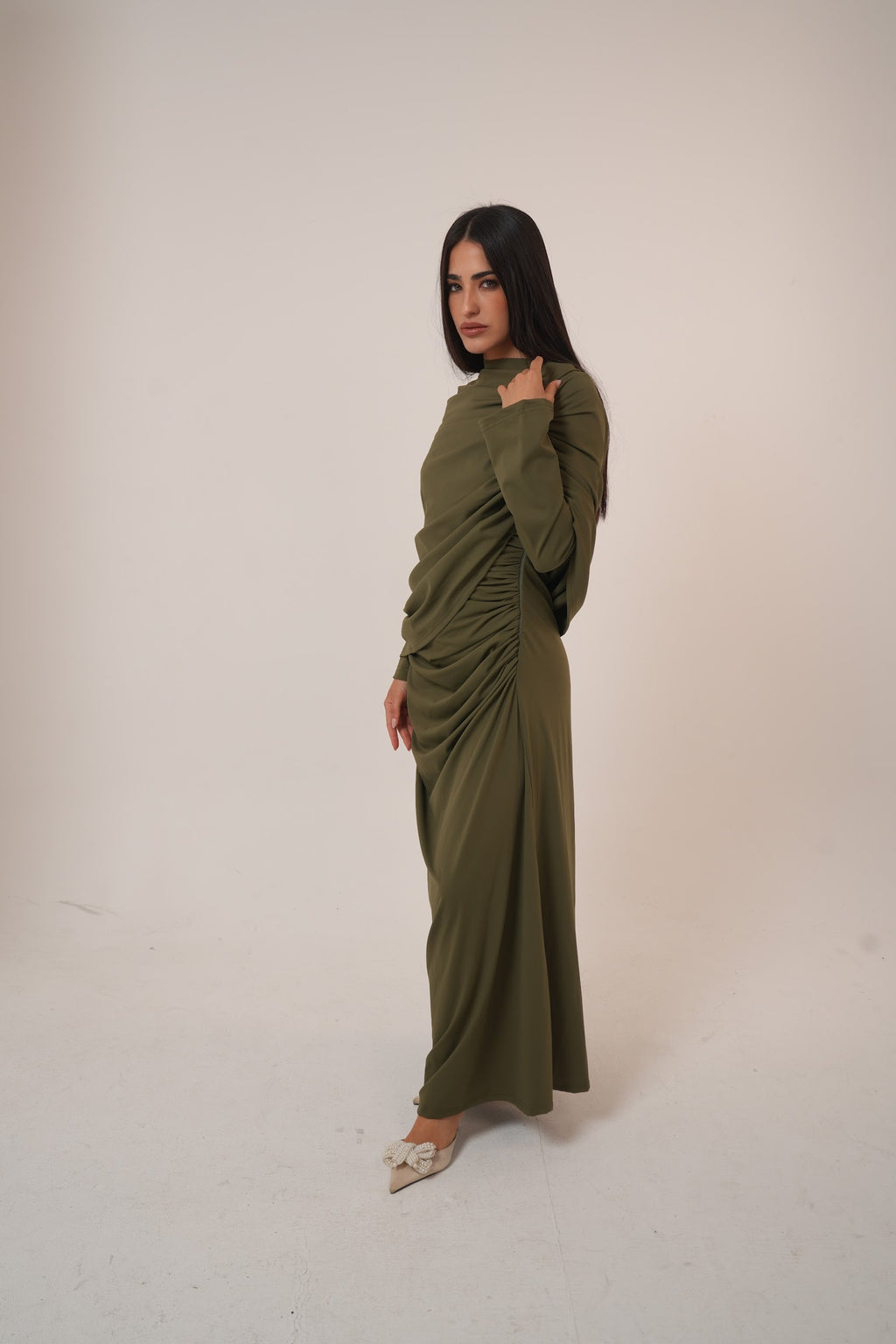 One-Side Draped Maxi Dress with Chest Cover in Olive