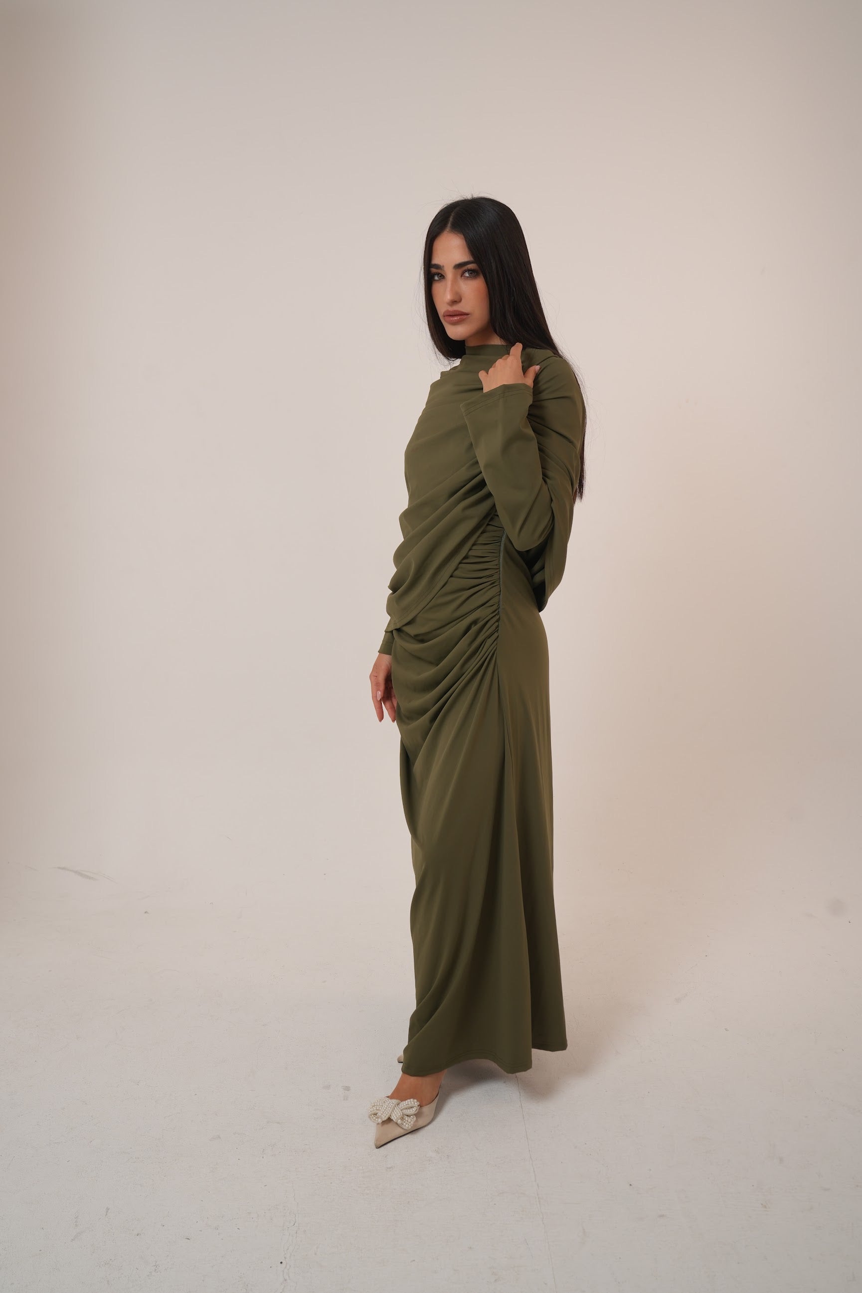 One-Side Draped Maxi Dress with Chest Cover in Olive