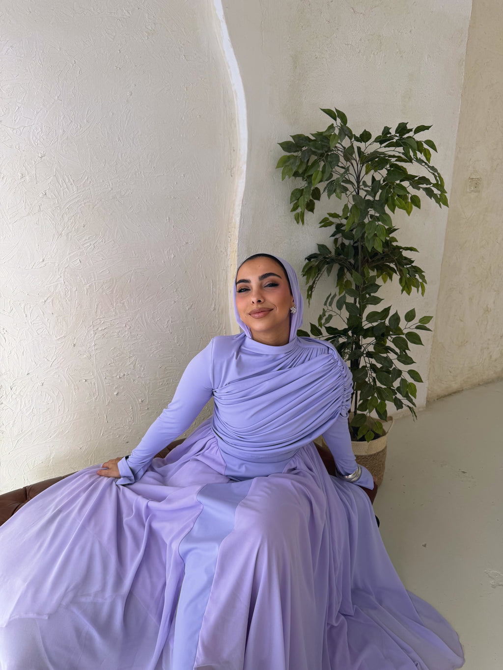 Amwaj gown with shoulder drappes in Lilac with chest cover