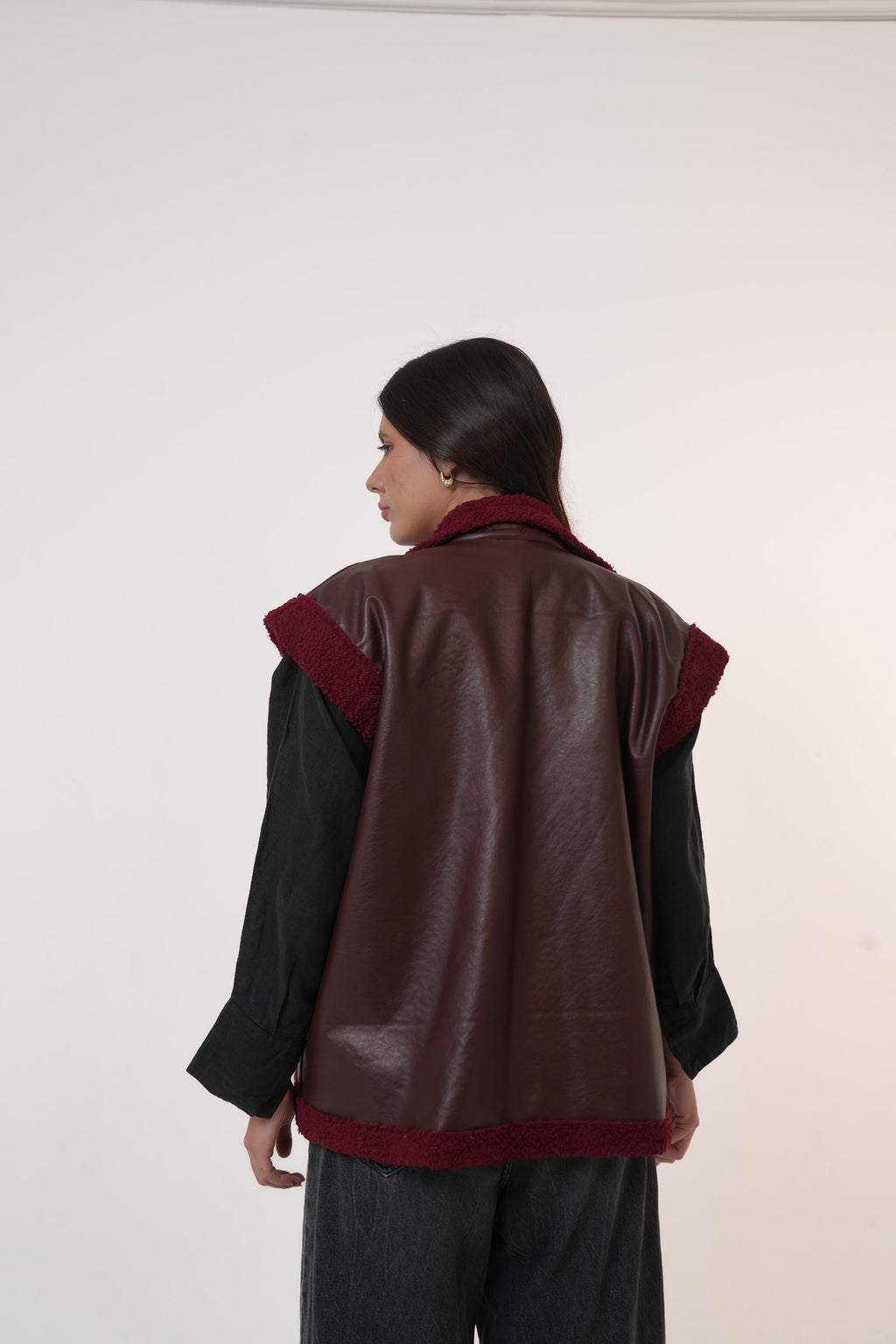 Fur-Lined Leather Vest in burgundy