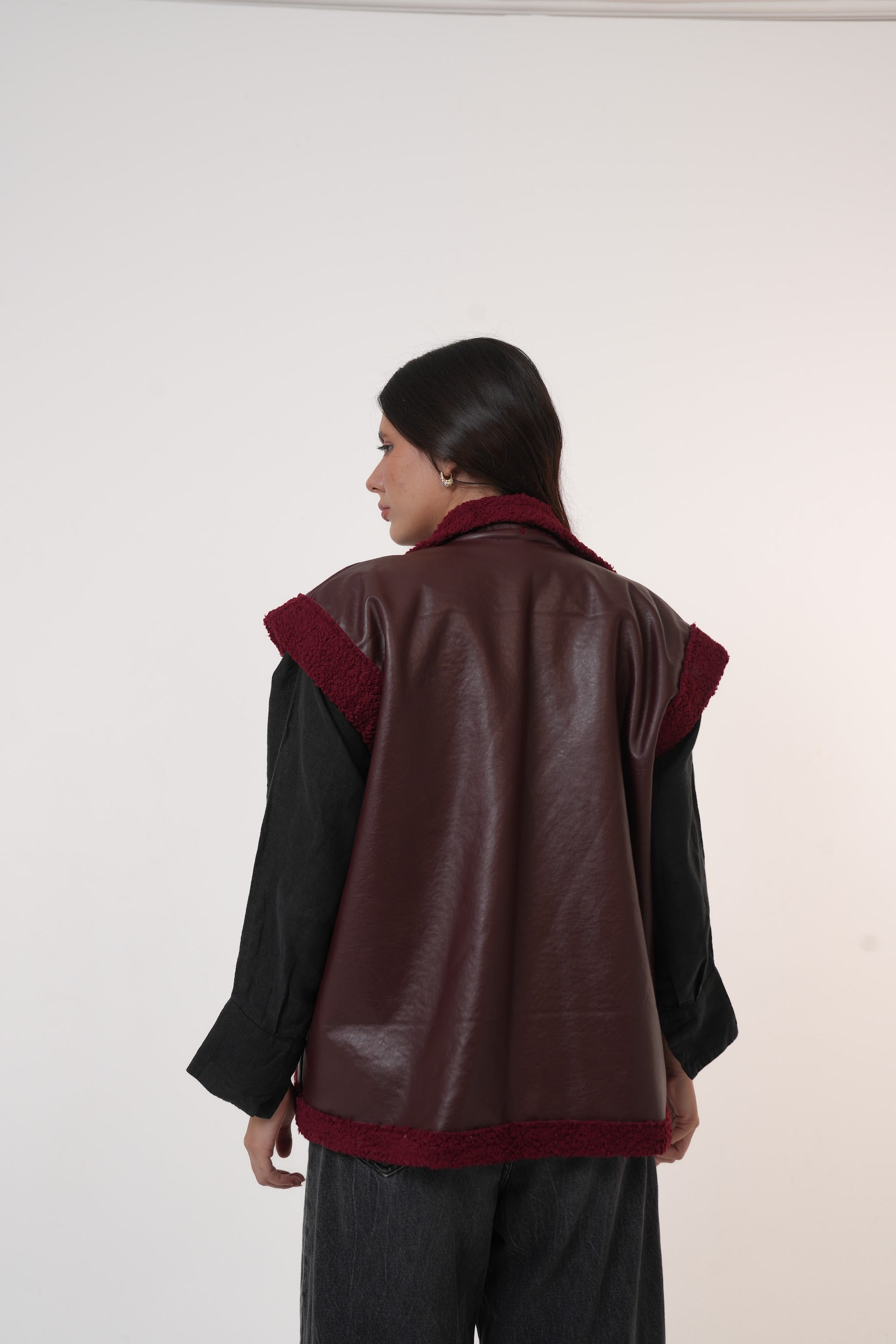 Fur-Lined Leather Vest in burgundy