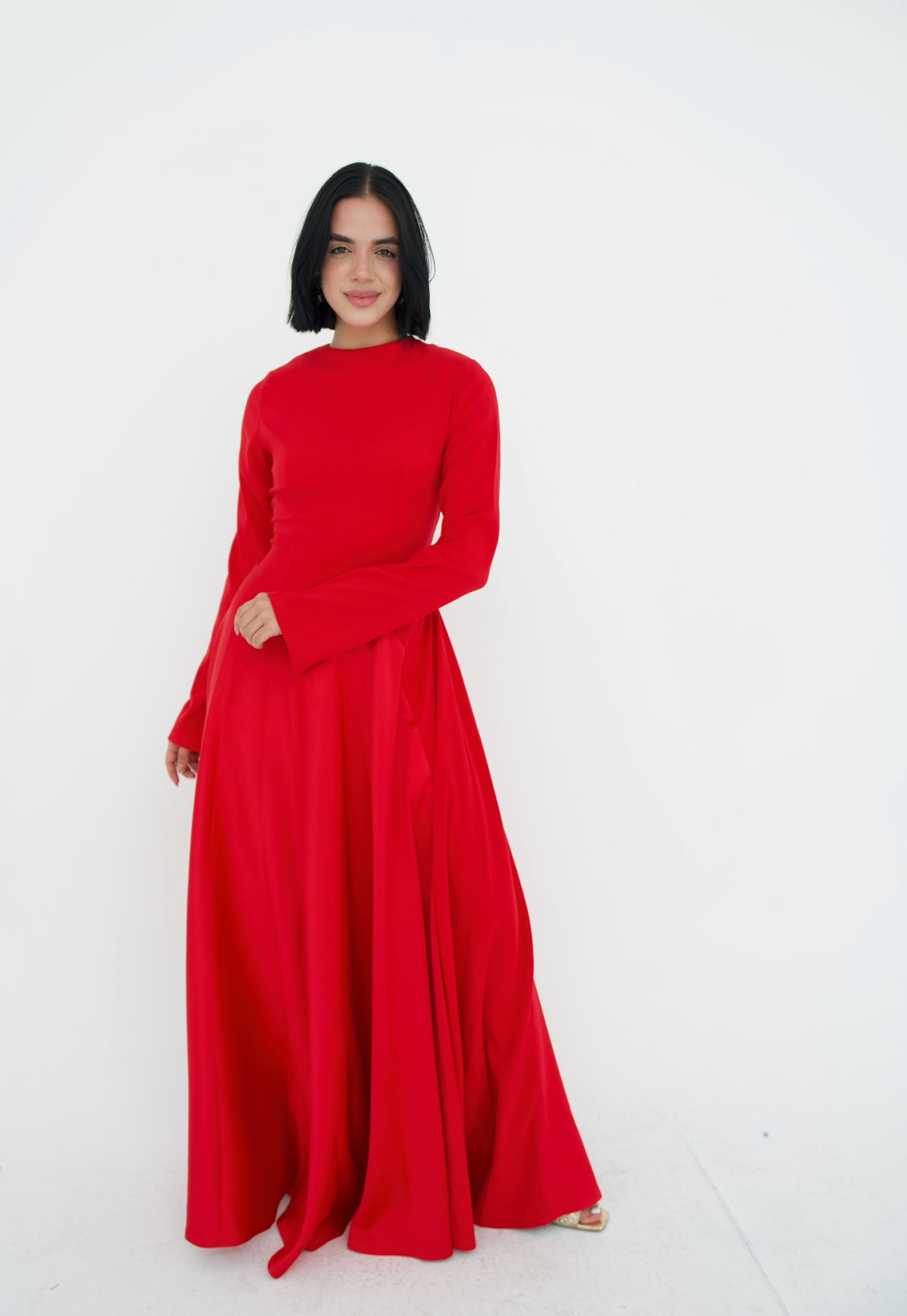 Satin half and half A-Line Dress in Red