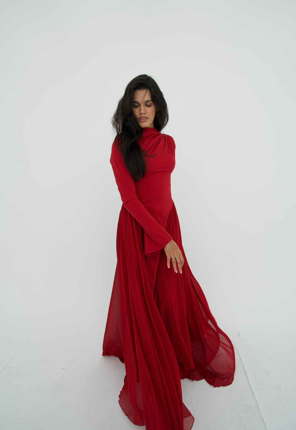 Amwaj gown with shoulder drappes in Dark red with chest cover