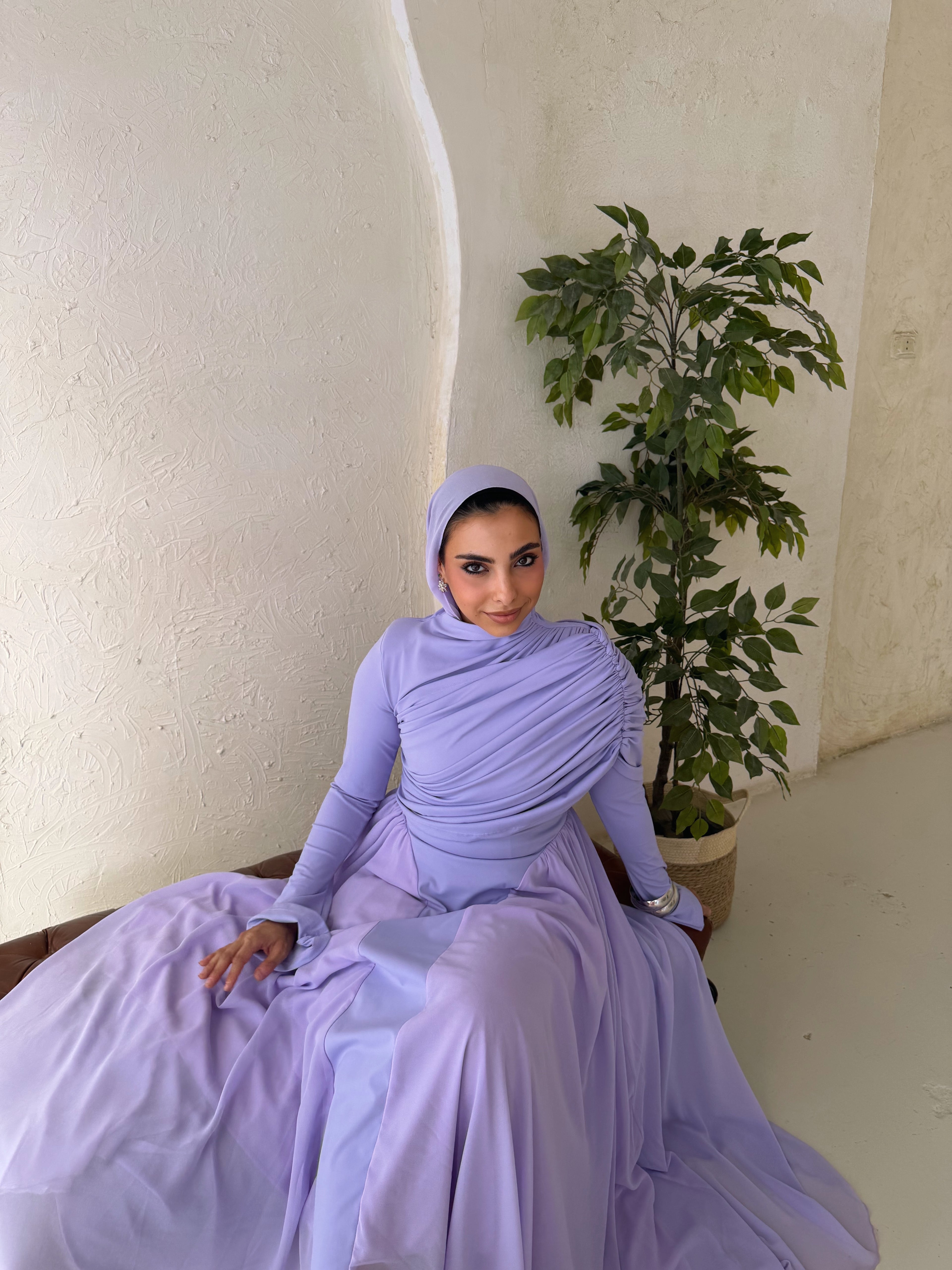 Amwaj gown with shoulder drappes in Lilac with chest cover