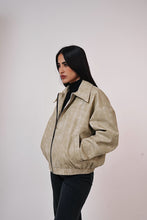 Load image into Gallery viewer, Vintage Croc-Texture Faux Leather Bomber Jacket in Beige
