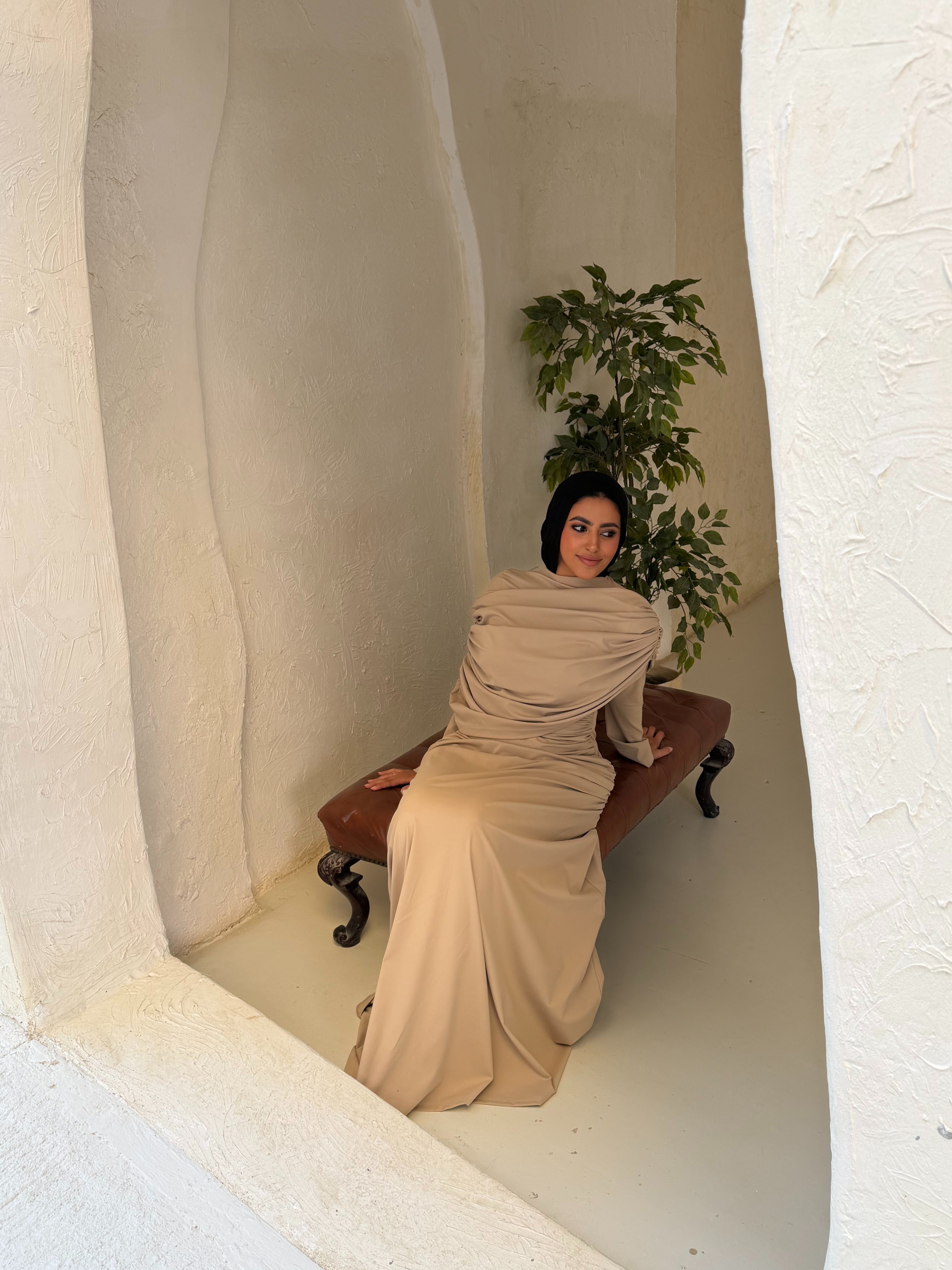 One-Side Draped Maxi Dress with Chest Cover in Beige