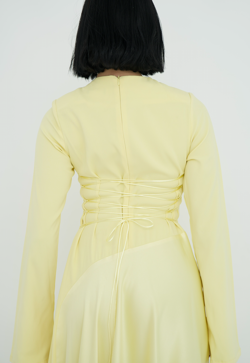 Satin half and half A-line dress in butter yellow