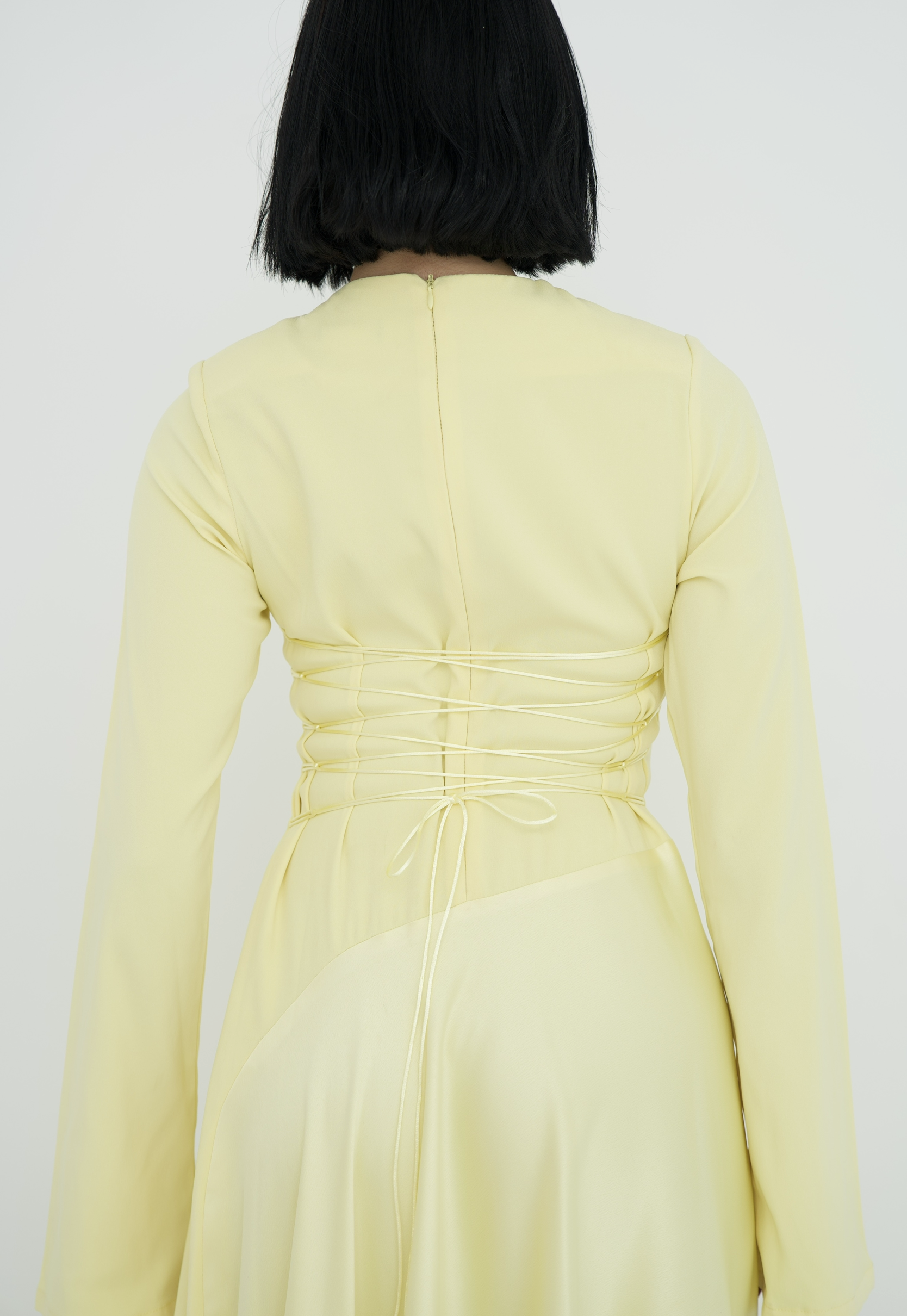 Satin half and half A-line dress in butter yellow
