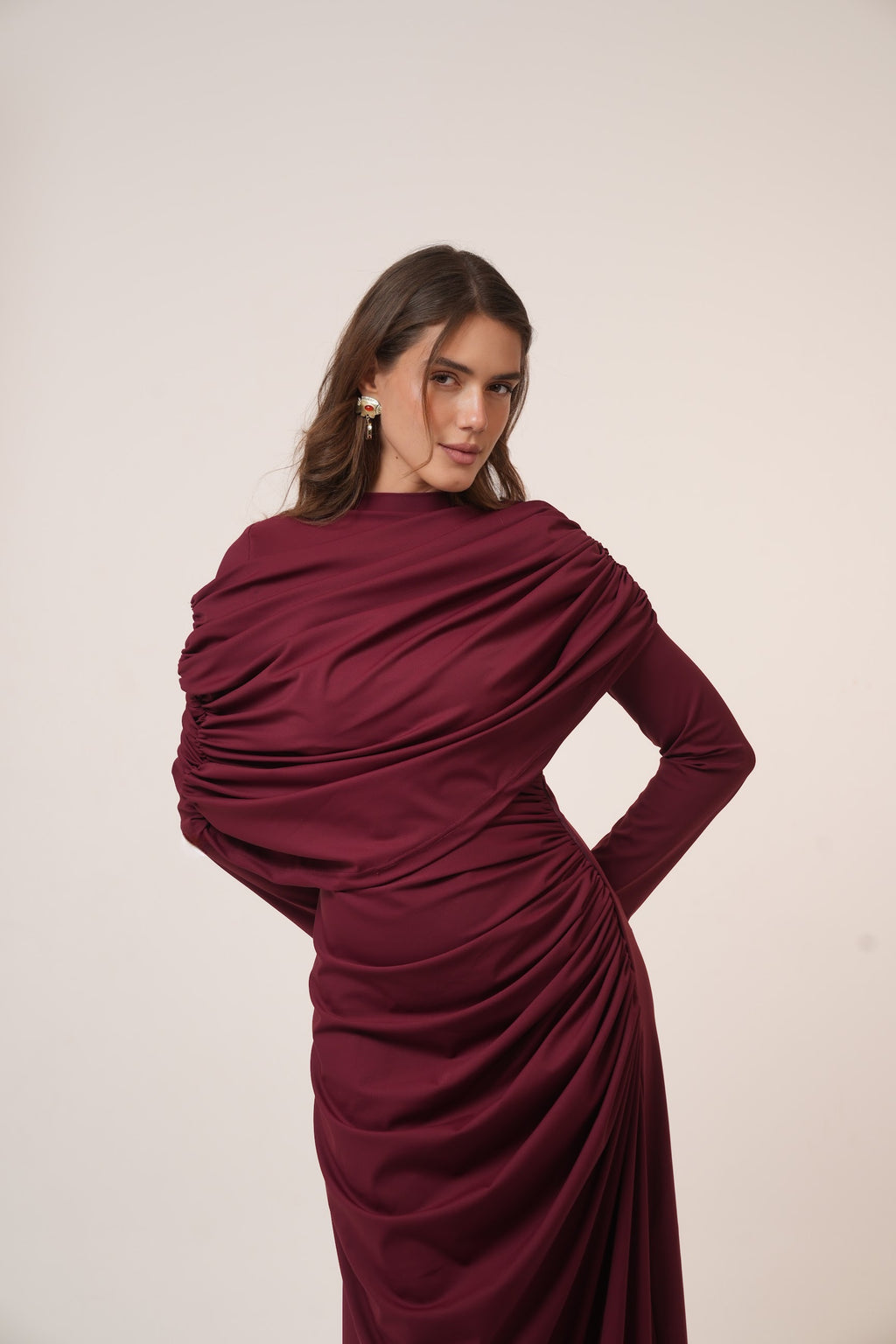 One-Side Draped Maxi Dress with Chest Cover in Burgundy